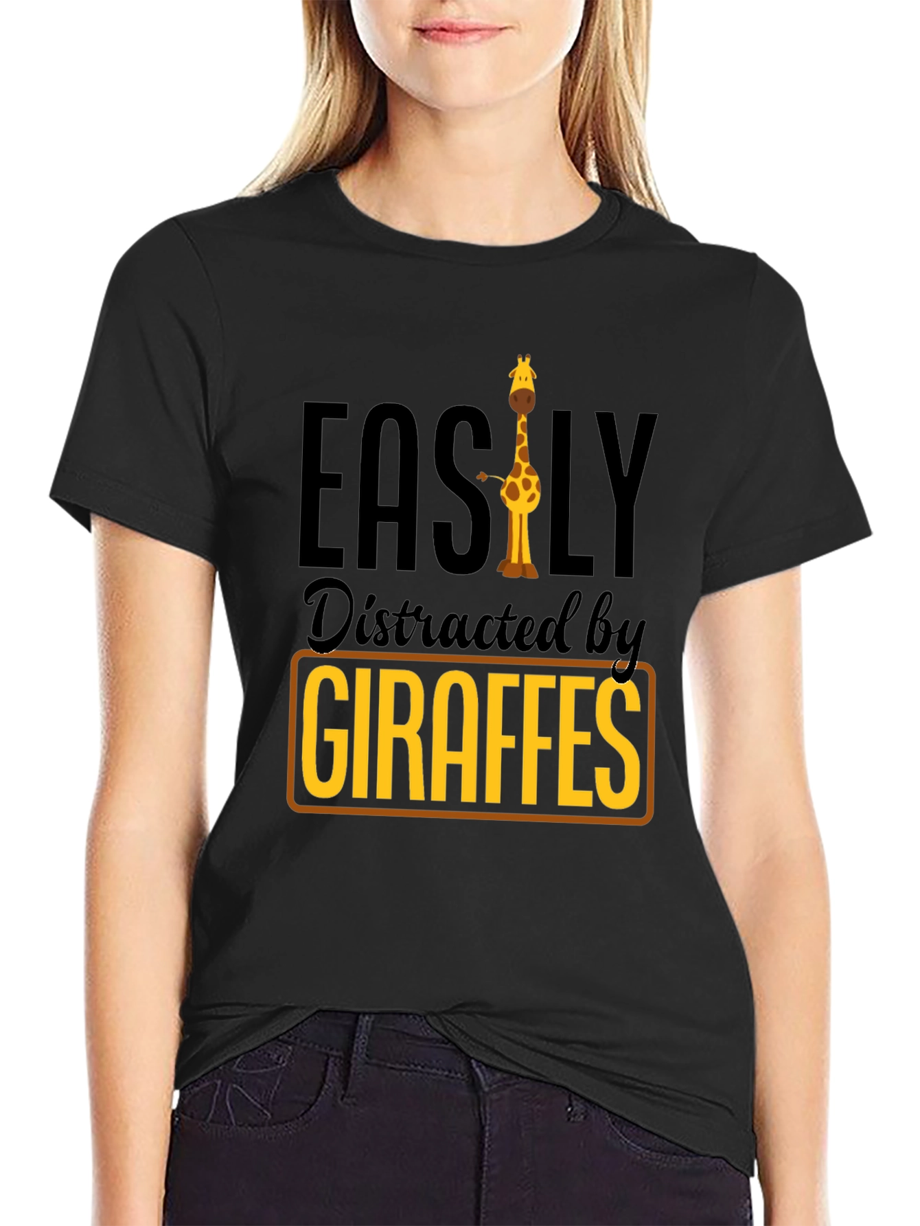 Black Easily Distracted By Giraffes Black T-Shirt view 2