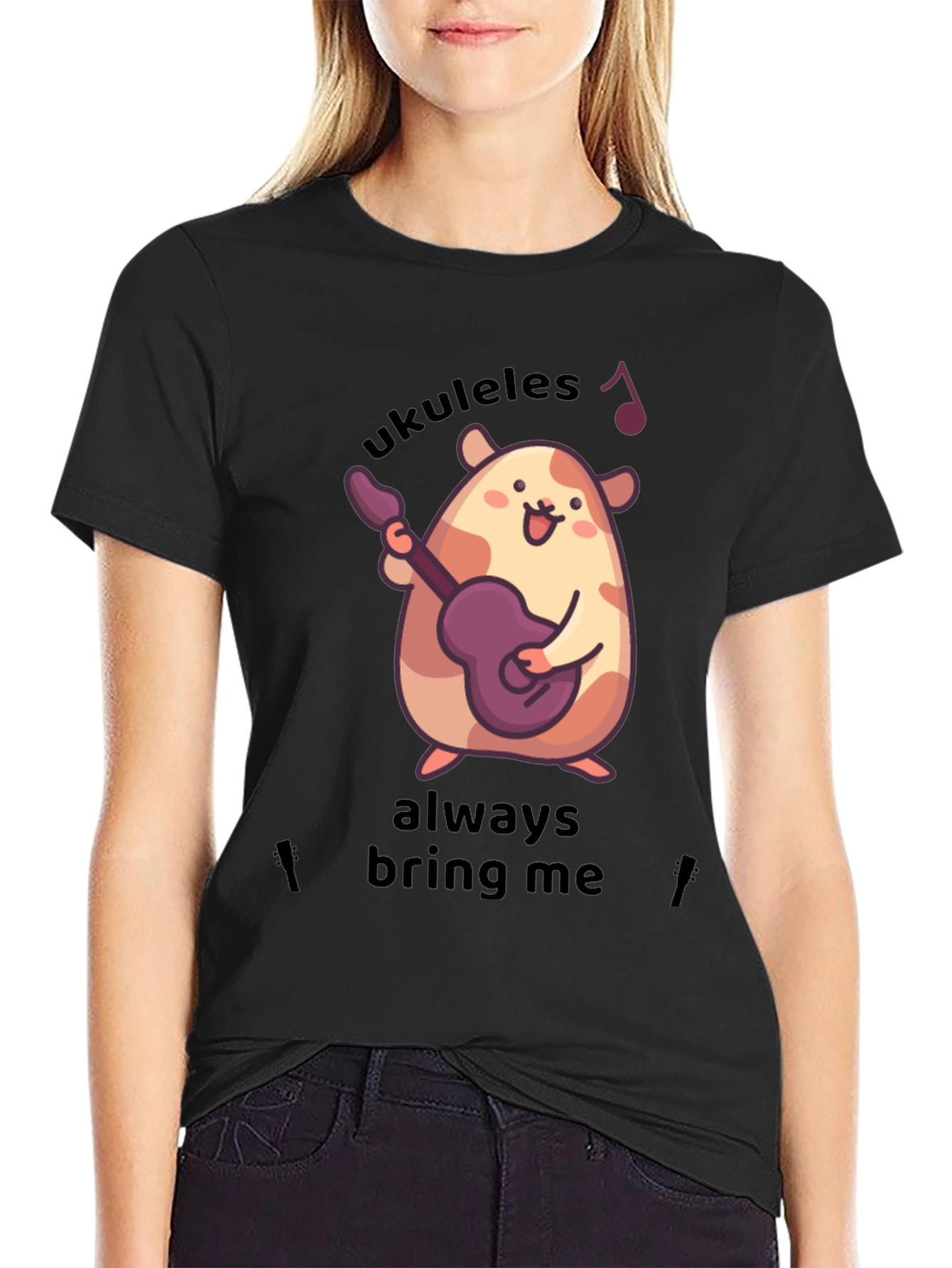 Black Cute Ukulele Hamster Graphic T-Shirt view 2