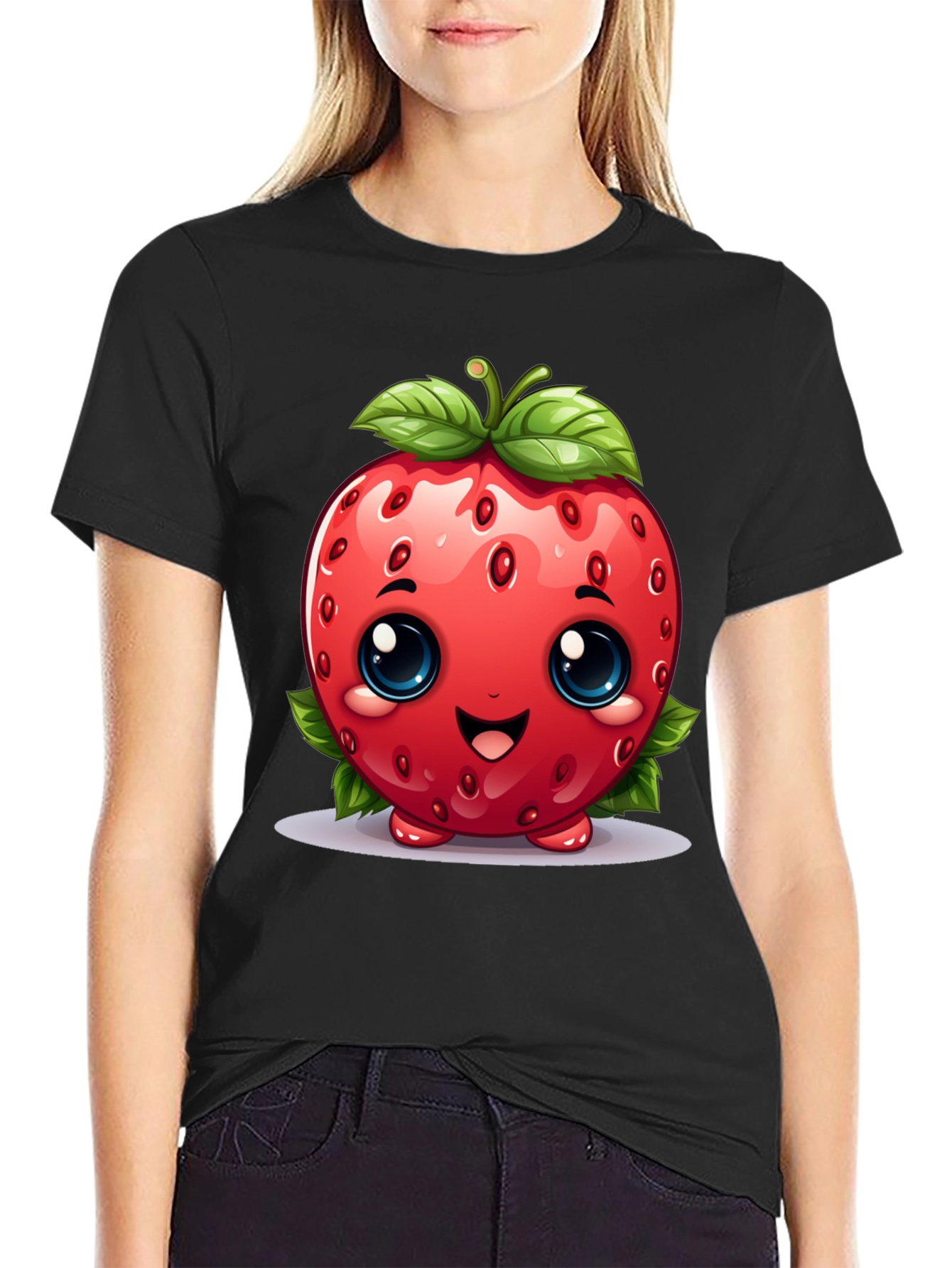 Black Cute Strawberry Character Black T-shirt view 2