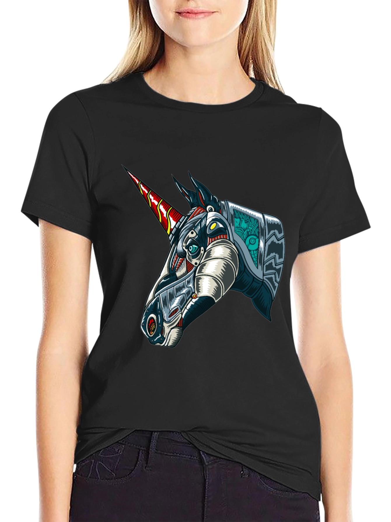 Black Robot Unicorn Graphic Tee - Black Cotton T-Shirt view 2
