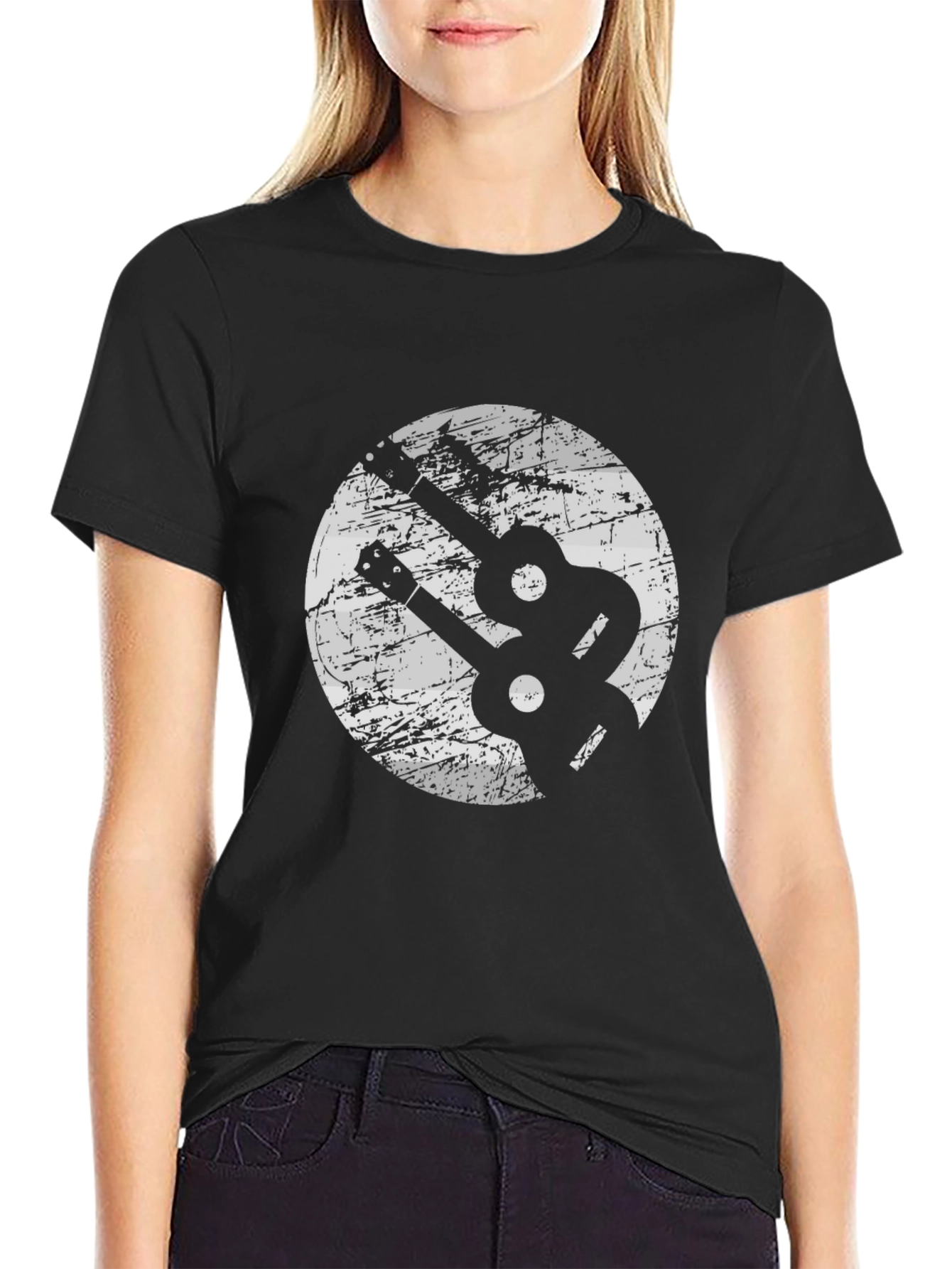Black Retro Guitar T-Shirt - Yin Yang Music Tee view 2