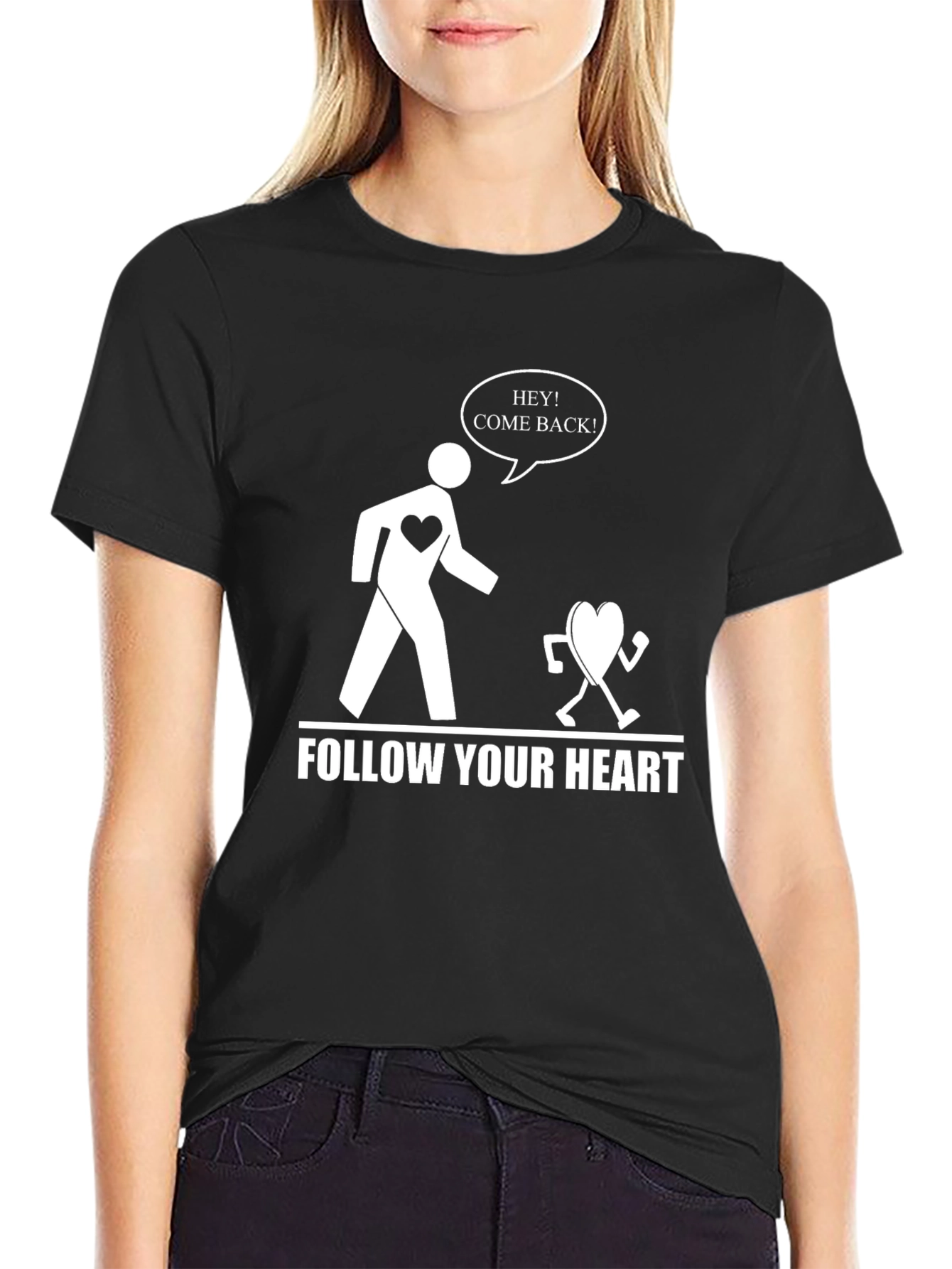 Black Follow Your Heart Funny Graphic Tee - Black view 2