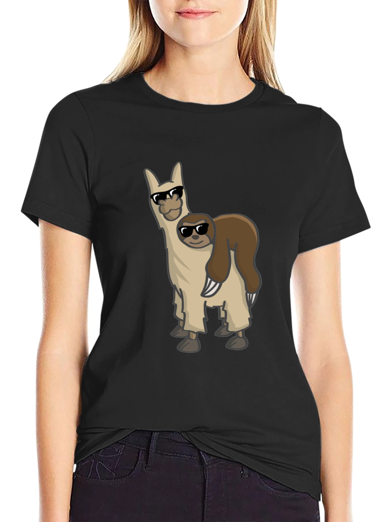 Black Cool Llama & Sloth Graphic Tee - Black Cotton Shirt view 2