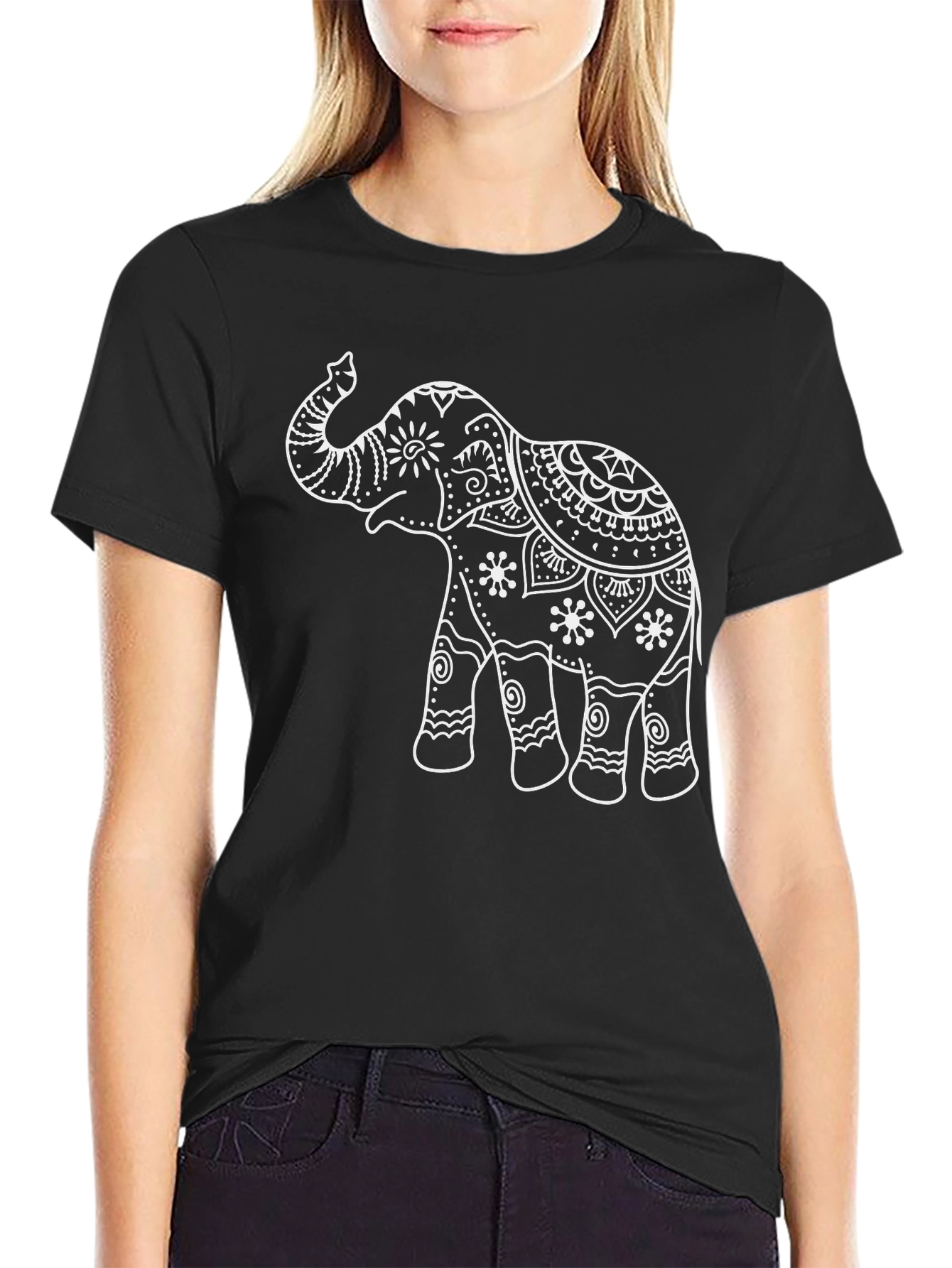 Black Elephant Mandala Print Black T-Shirt view 2