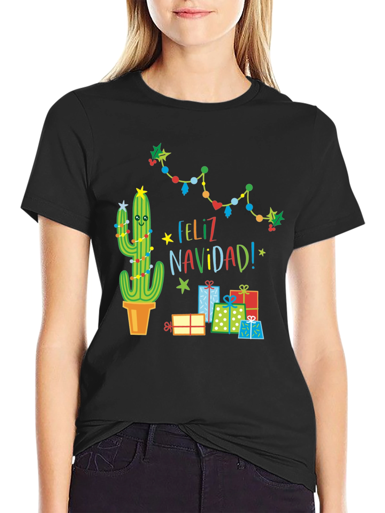 Black Feliz Navidad Cactus T-Shirt - Holiday Gift view 2