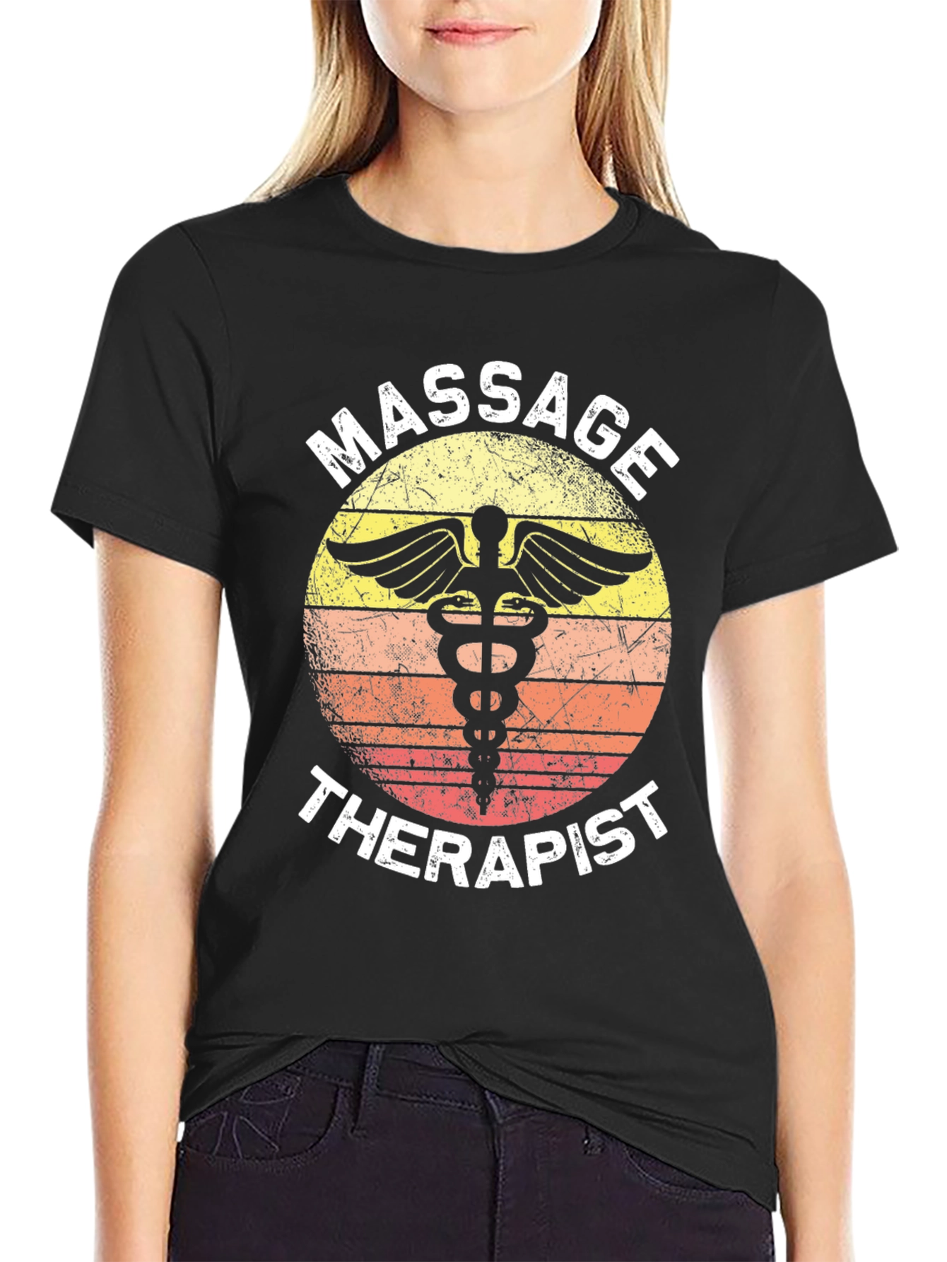 Black Massage Therapist T-Shirt Retro Caduceus Gift view 2