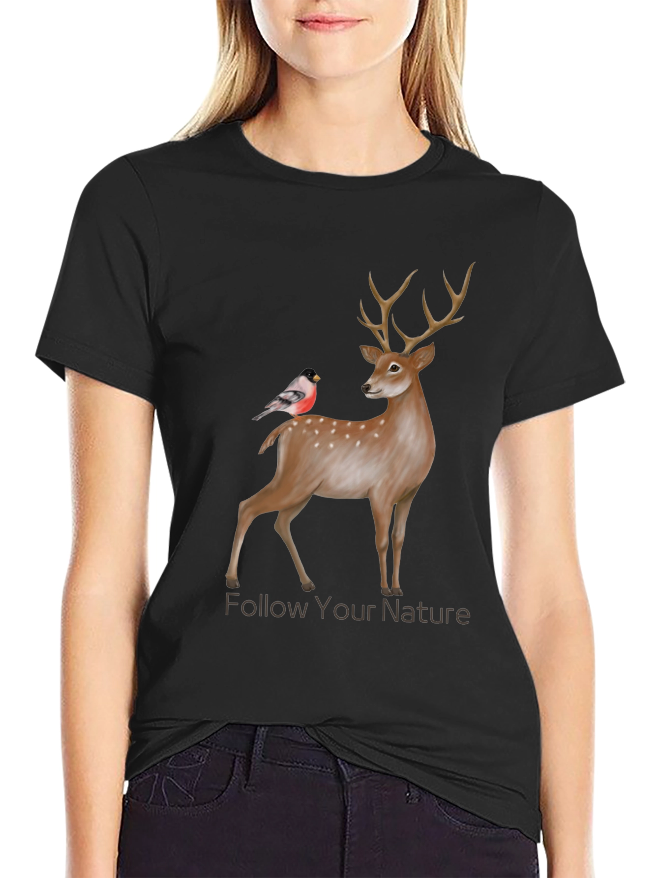 Black Nature Deer & Bird Graphic Tee view 2
