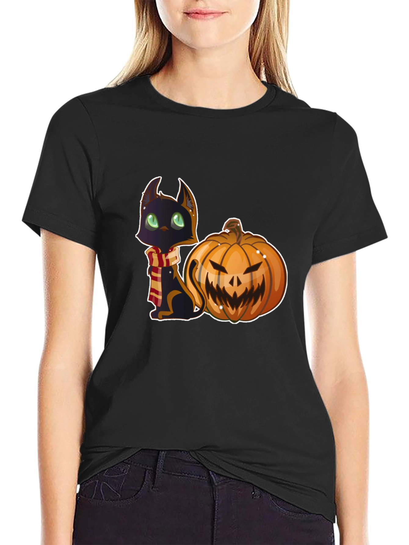 Black Halloween Cat & Pumpkin Black T-Shirt view 2