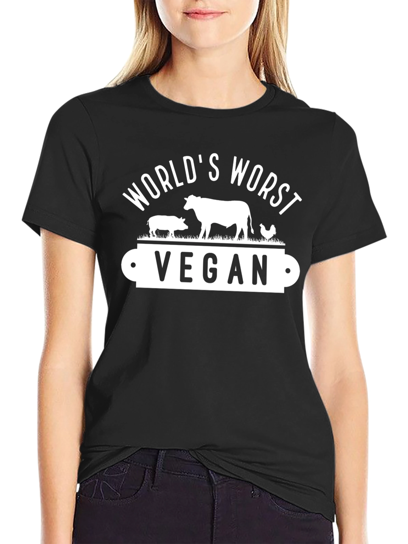 Black World's Worst Vegan Black T-Shirt view 2