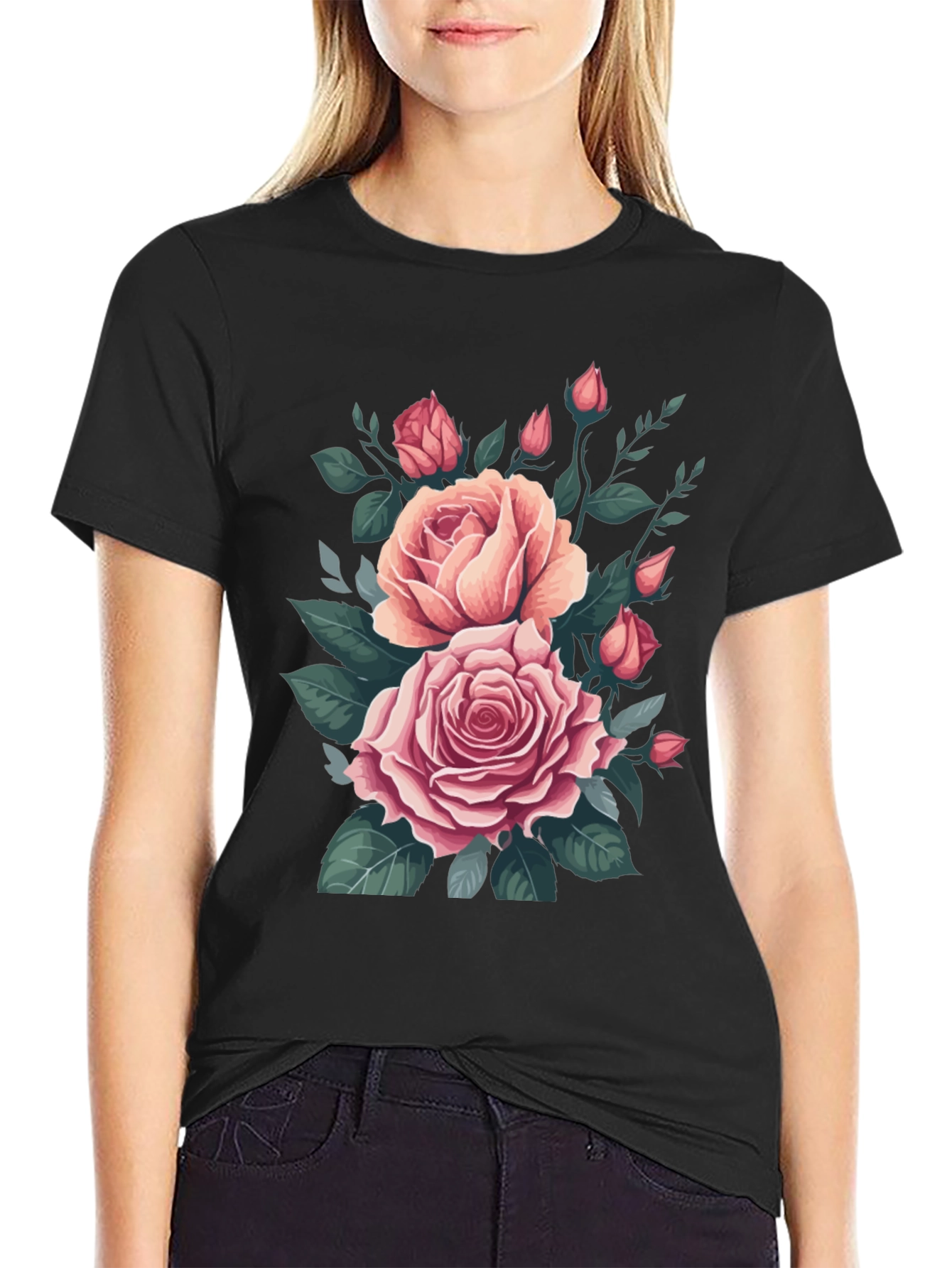 Black Elegant Rose Bouquet Graphic Tee - Soft Cotton Comfort view 2
