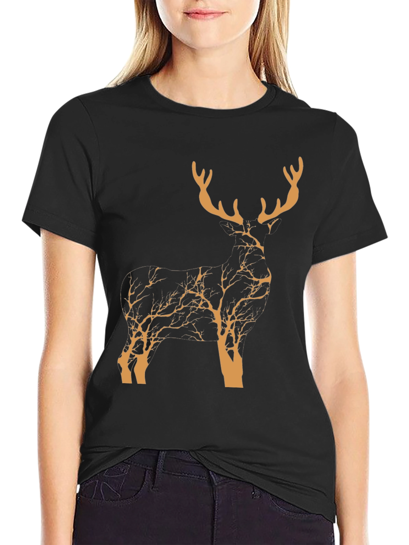 Black Stylish Deer Silhouette Graphic T-Shirt - Nature Inspired Design view 2