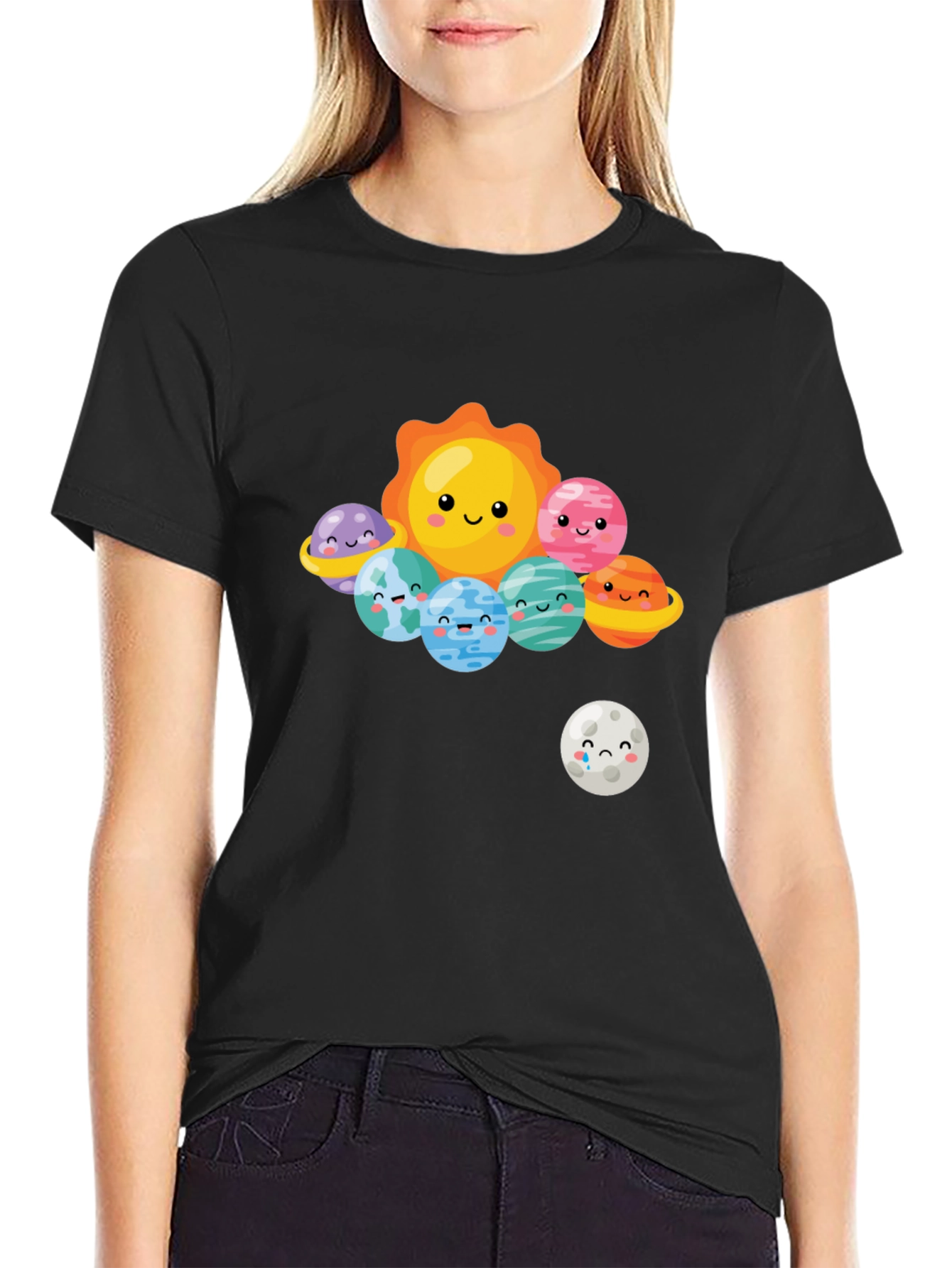Black Kawaii Solar System Graphic T-Shirt view 2