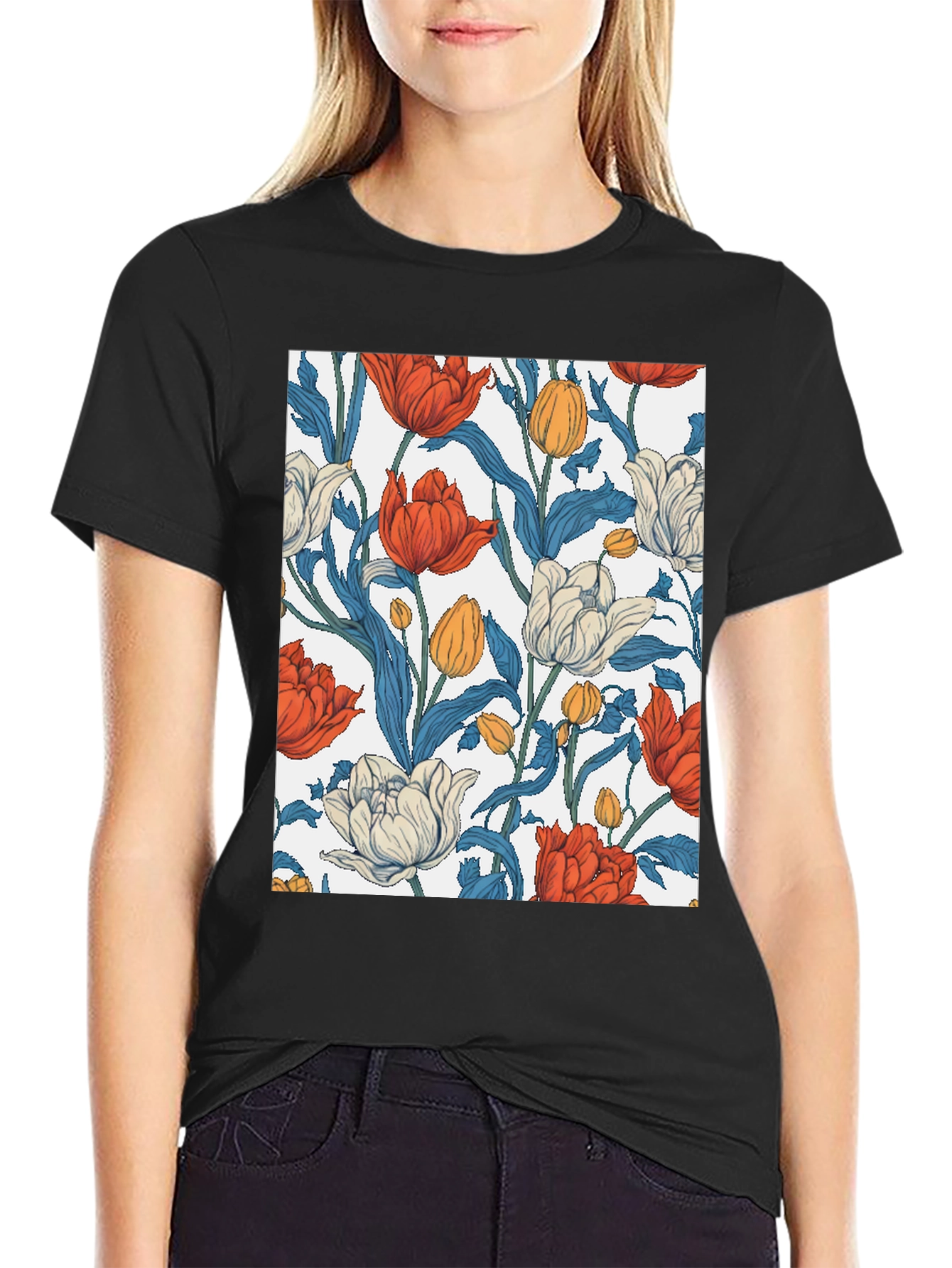 Black Floral Print Crew Neck T-Shirt view 2