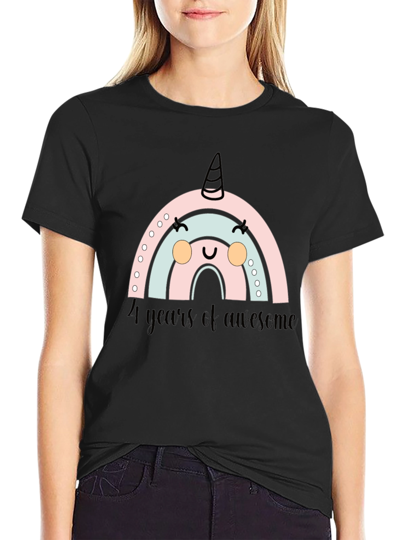 Black 4 Years of Awesome Rainbow Unicorn Birthday T-Shirt view 2