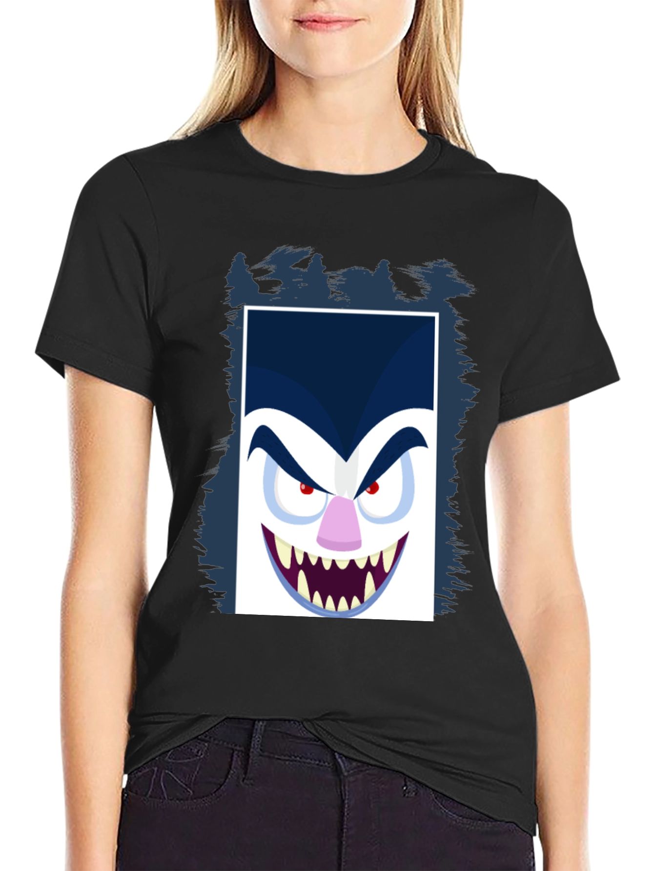 Black Cartoon Vampire Face Graphic Black Tee view 2