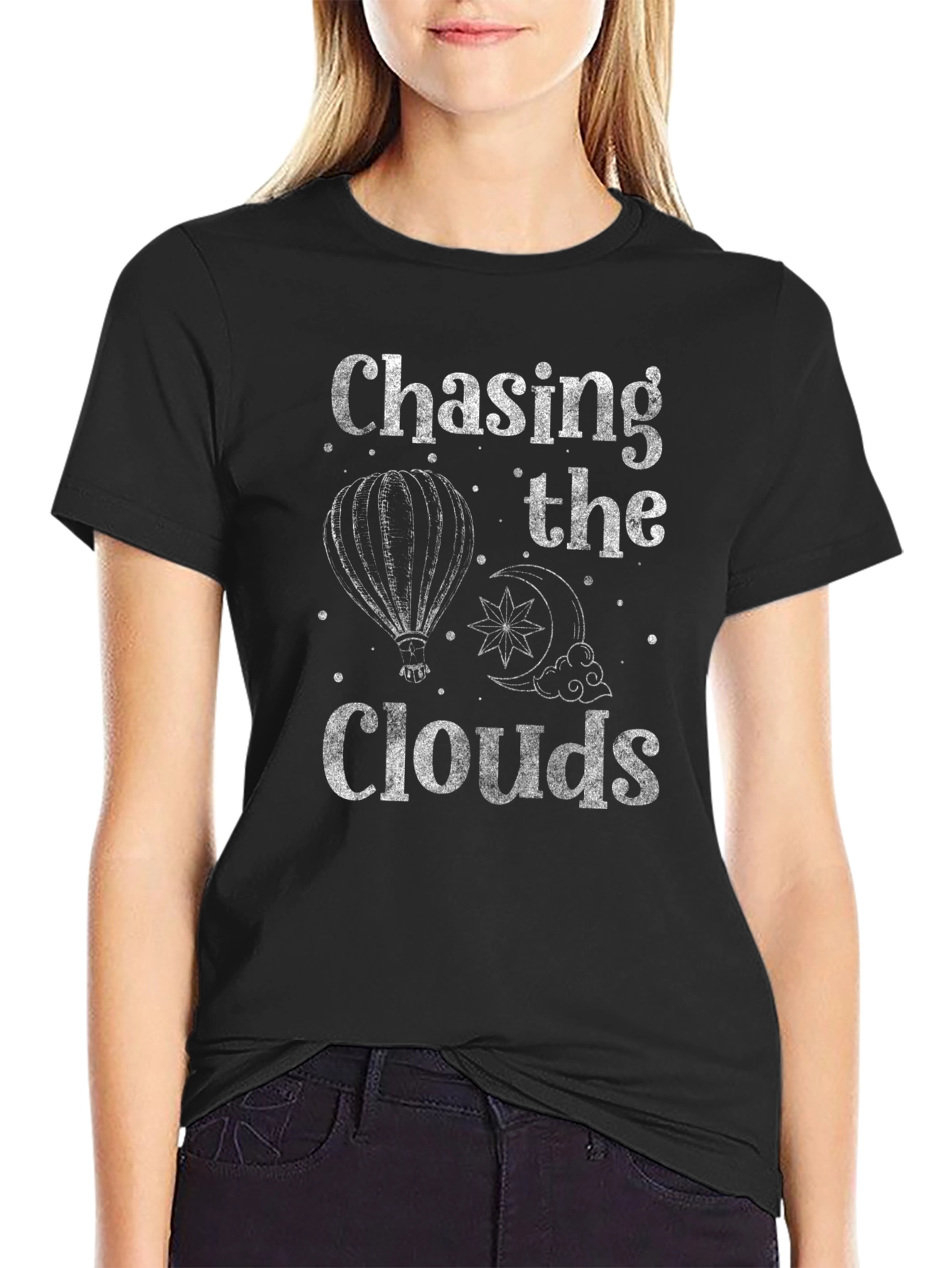 Black Chasing the Clouds T-Shirt - Celestial Hot Air Balloon Design view 2