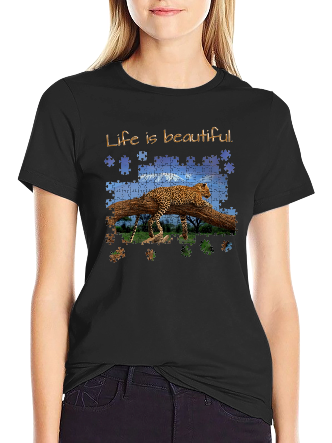 Black Life is Beautiful Leopard Puzzle Graphic T-Shirt view 2