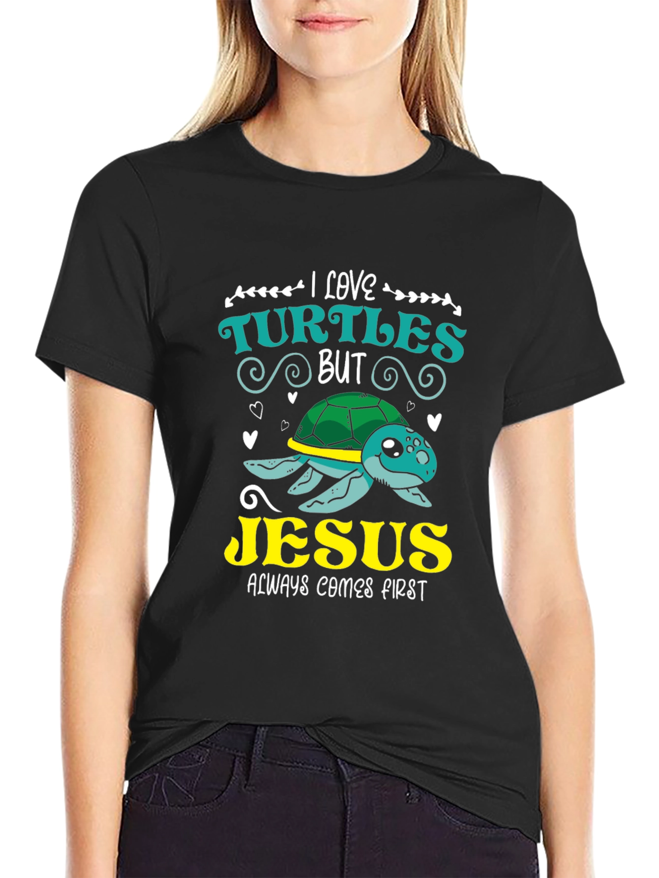 Black I Love Turtles But Jesus T-Shirt view 2