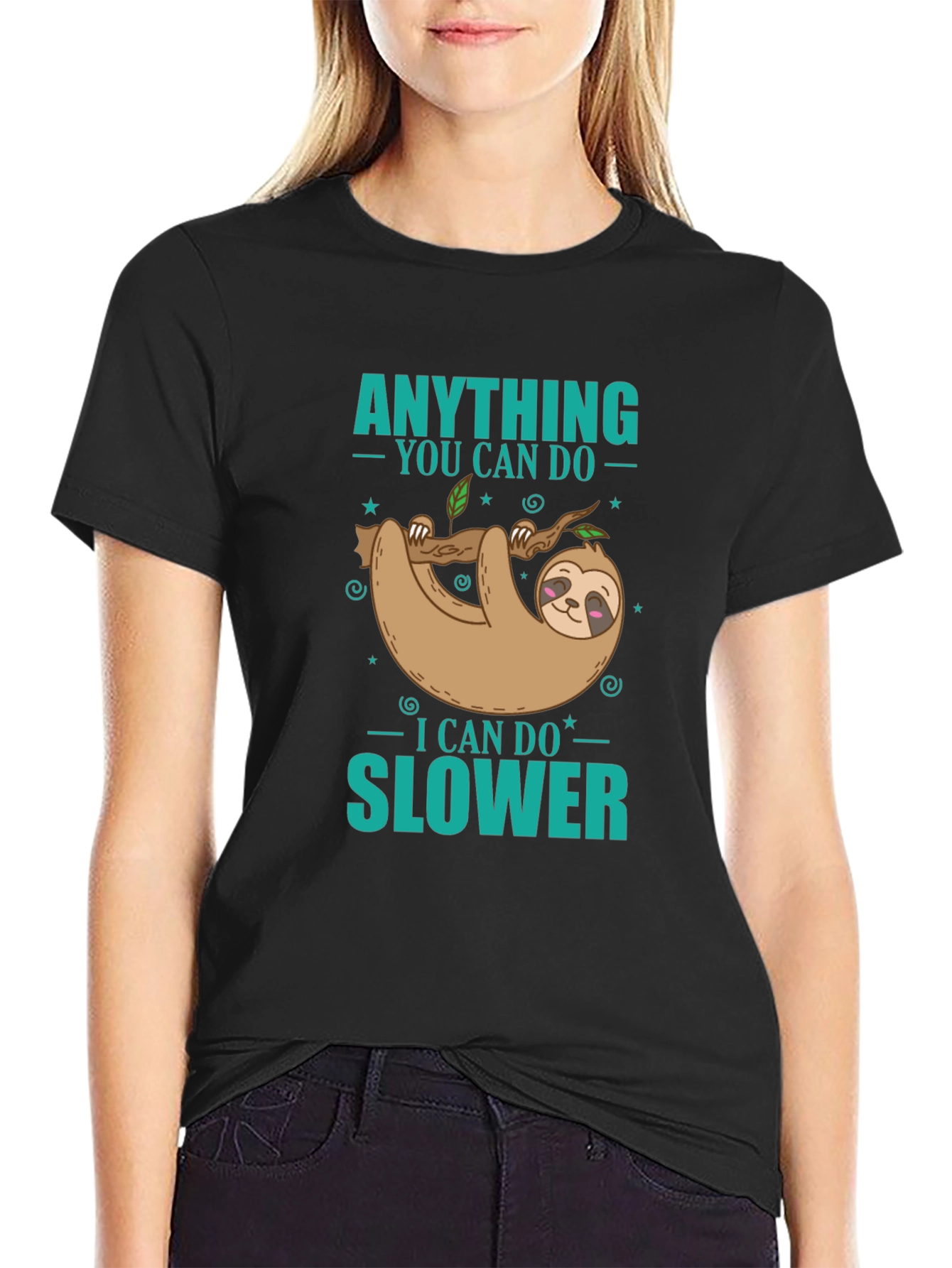 Black Funny Sloth T-Shirt - Anything You Can Do Slower Tee view 2