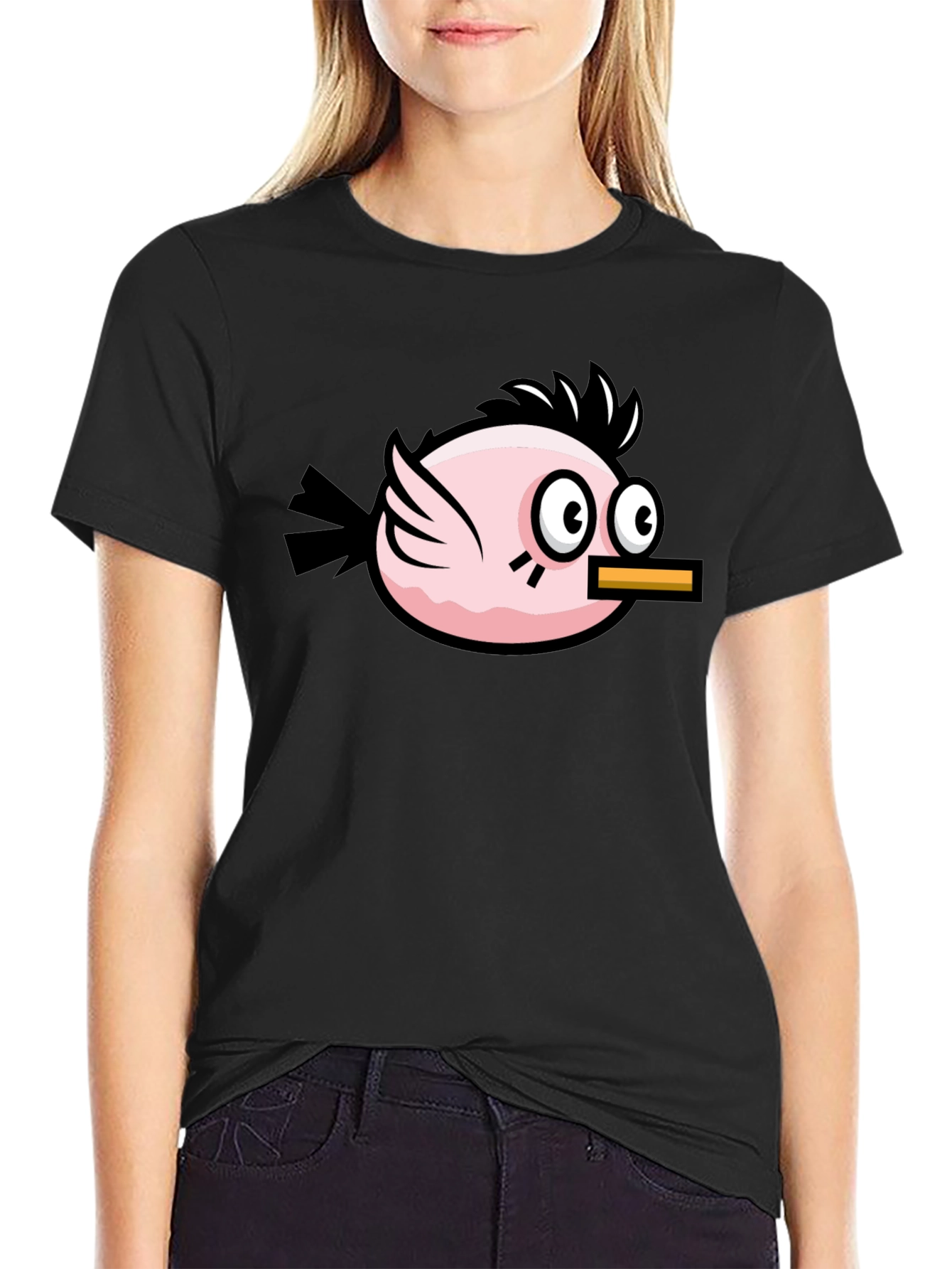 Black Funny Pink Bird Graphic Tee - Black Cotton T-Shirt view 2