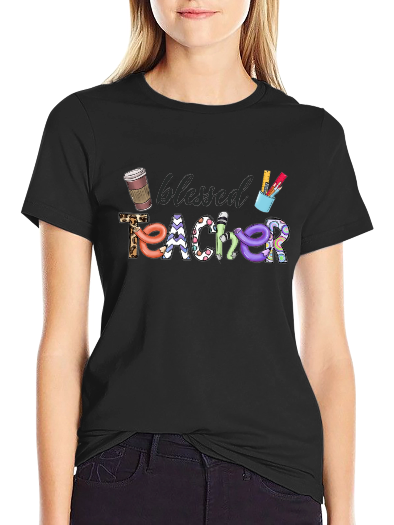 Black Blessed Teacher Graphic T-Shirt view 2