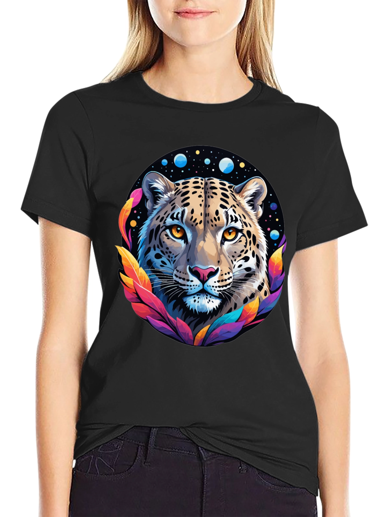 Black Leopard Galaxy Graphic Print Tee - Stylish Black T-Shirt view 2