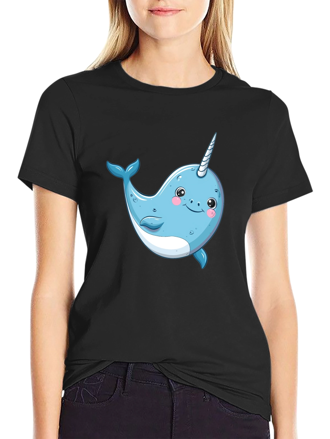 Black Cute Narwhal Graphic Tee - Black Cotton T-Shirt view 2