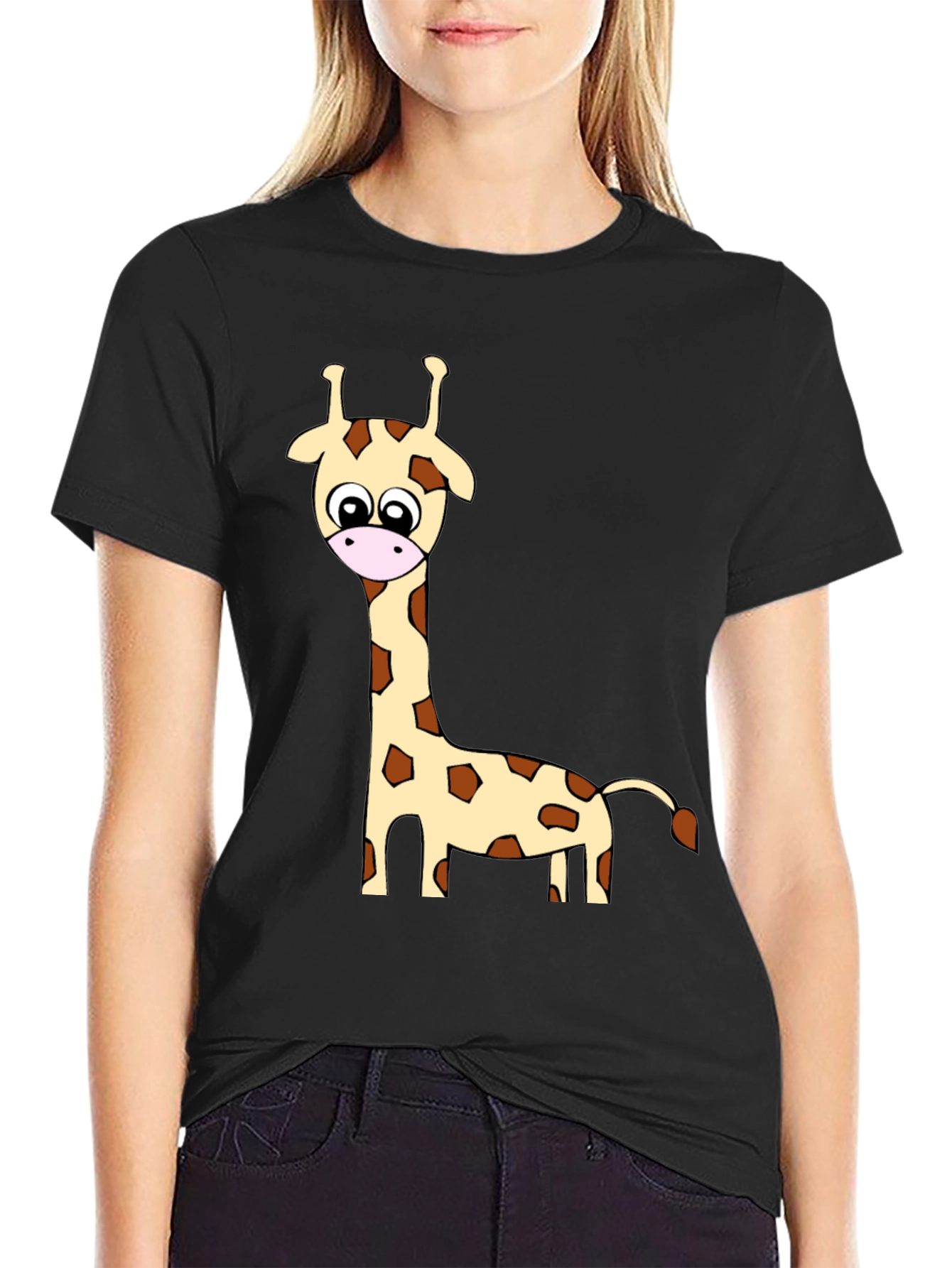 Black Cartoon Giraffe Print Crew Neck T-Shirt view 2