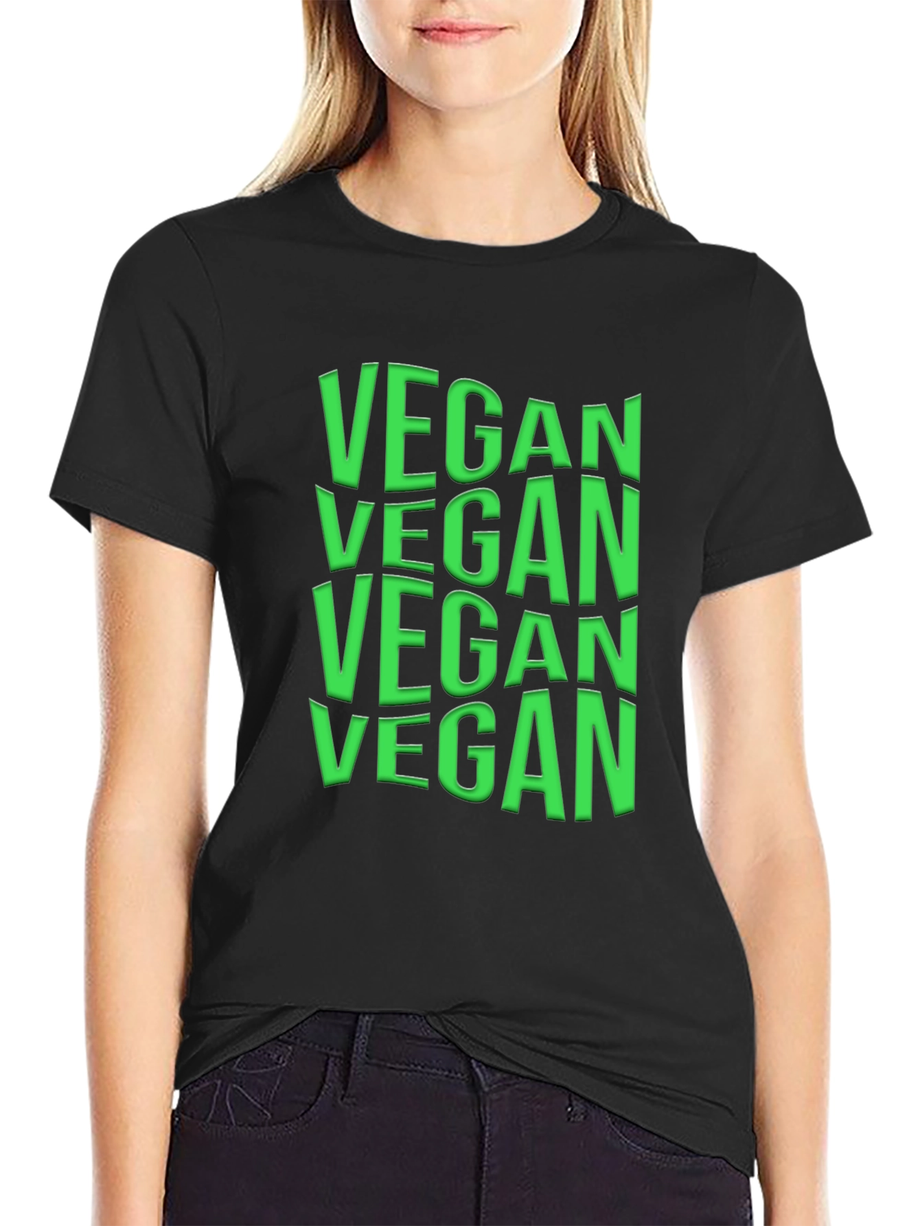 Black Vegan Text Graphic Crew Neck T-Shirt view 2