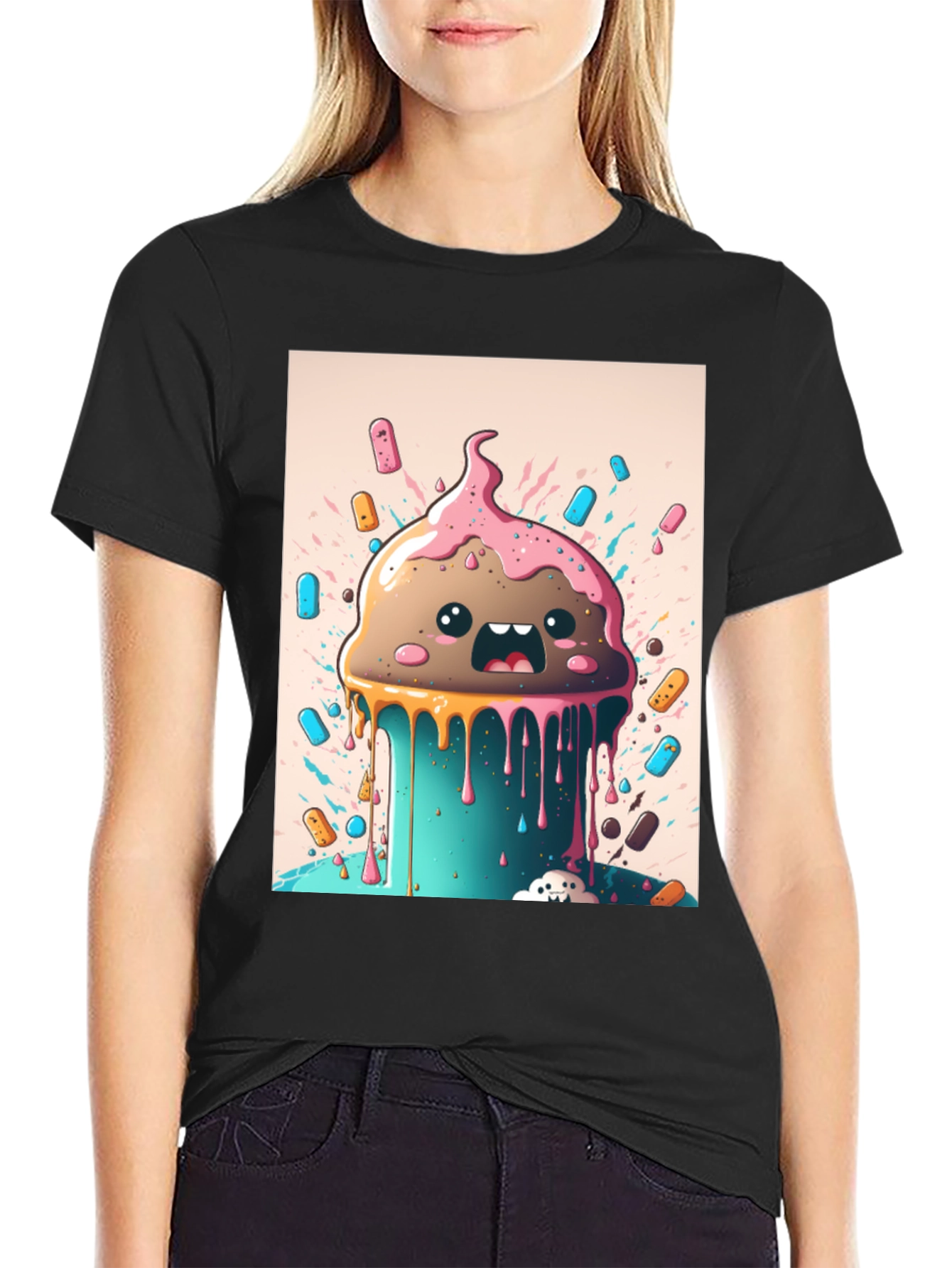 Black Kawaii Melting Ice Cream Graphic Tee view 2