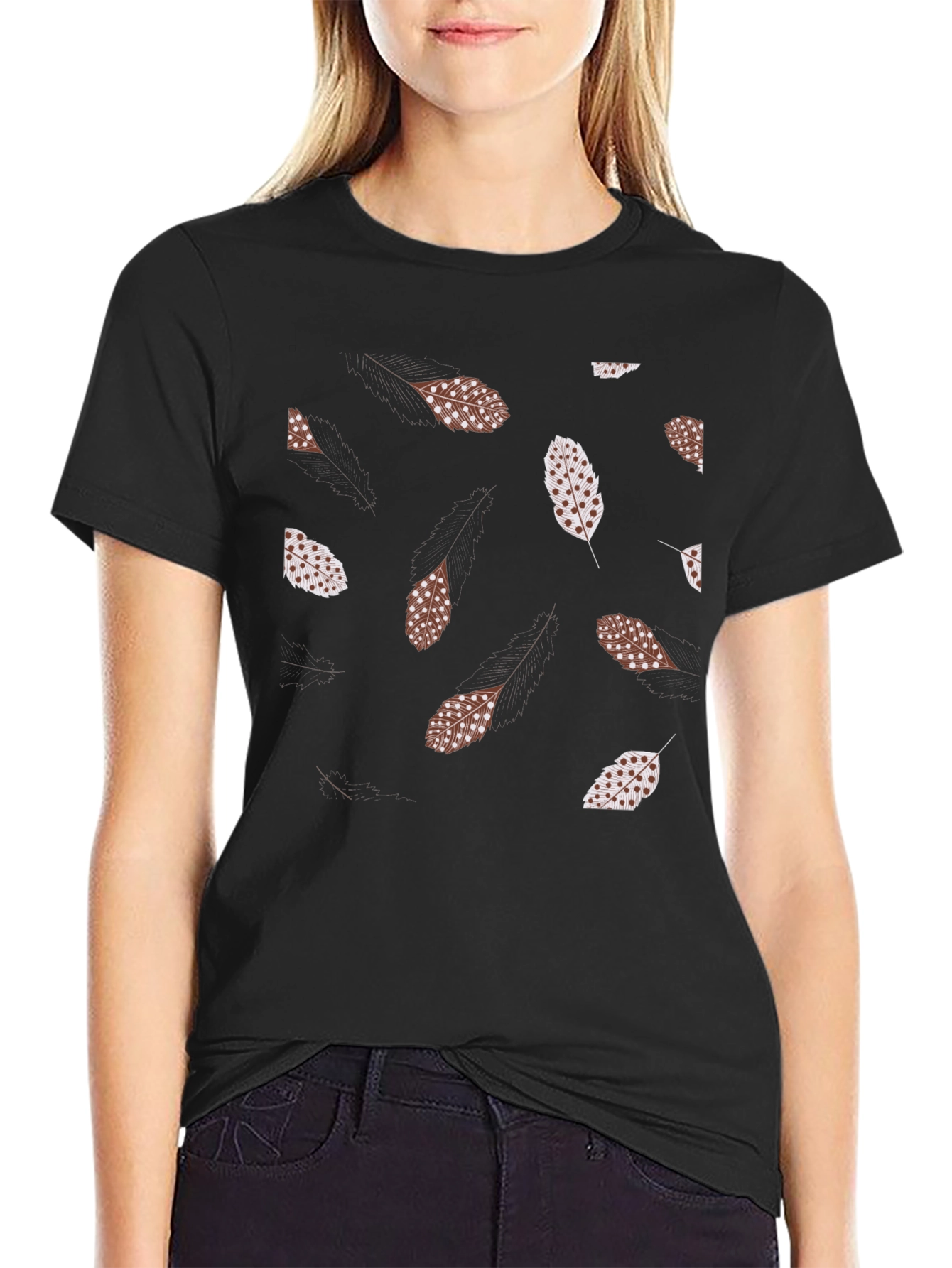 Black Feather Print Black T-Shirt view 2