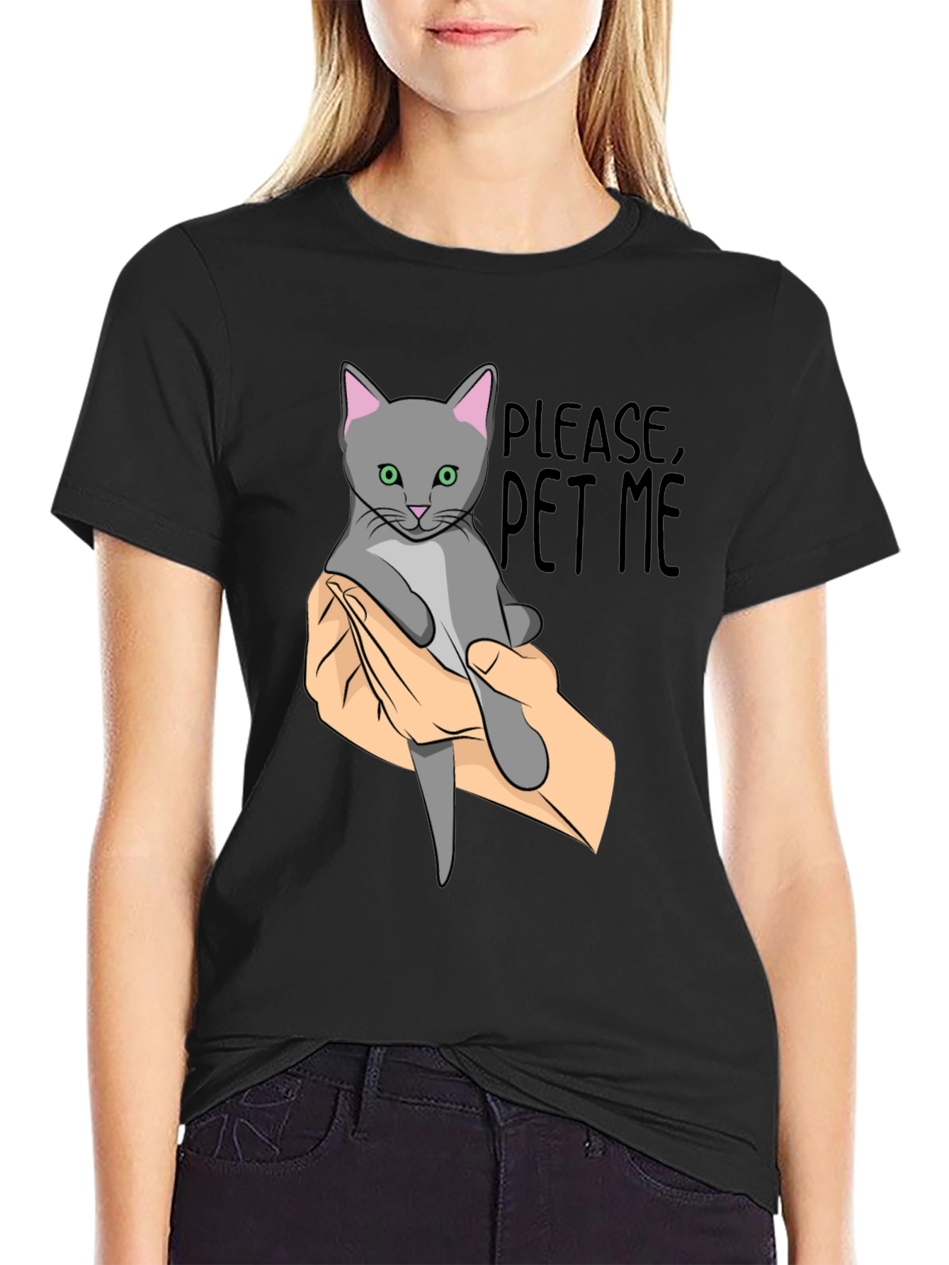 Black Please Pet Me Cat Graphic T-Shirt view 2
