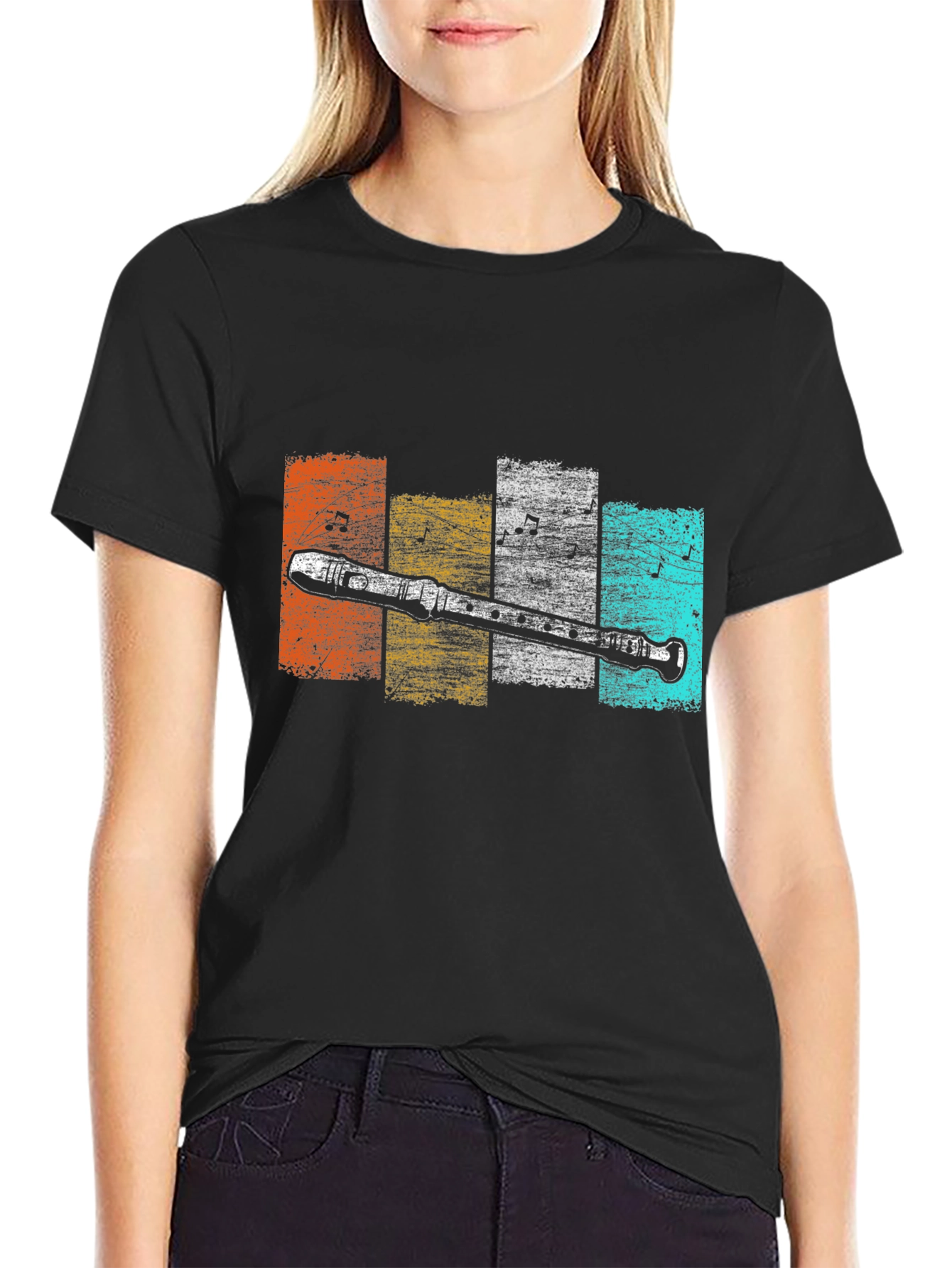 Black Retro Recorder T-Shirt - Musical Instrument Tee view 2