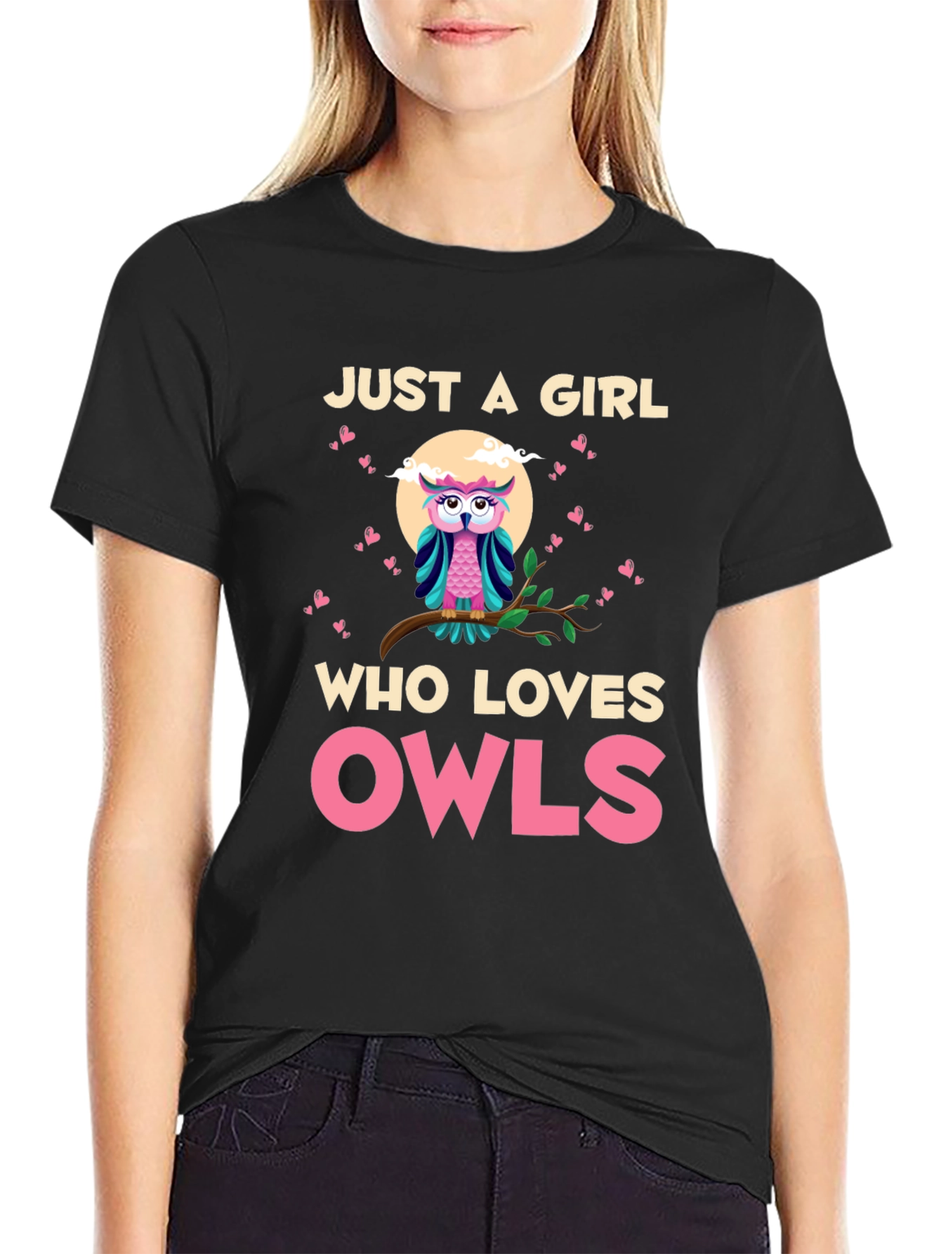 Black Just a Girl Who Loves Owls T-Shirt view 2