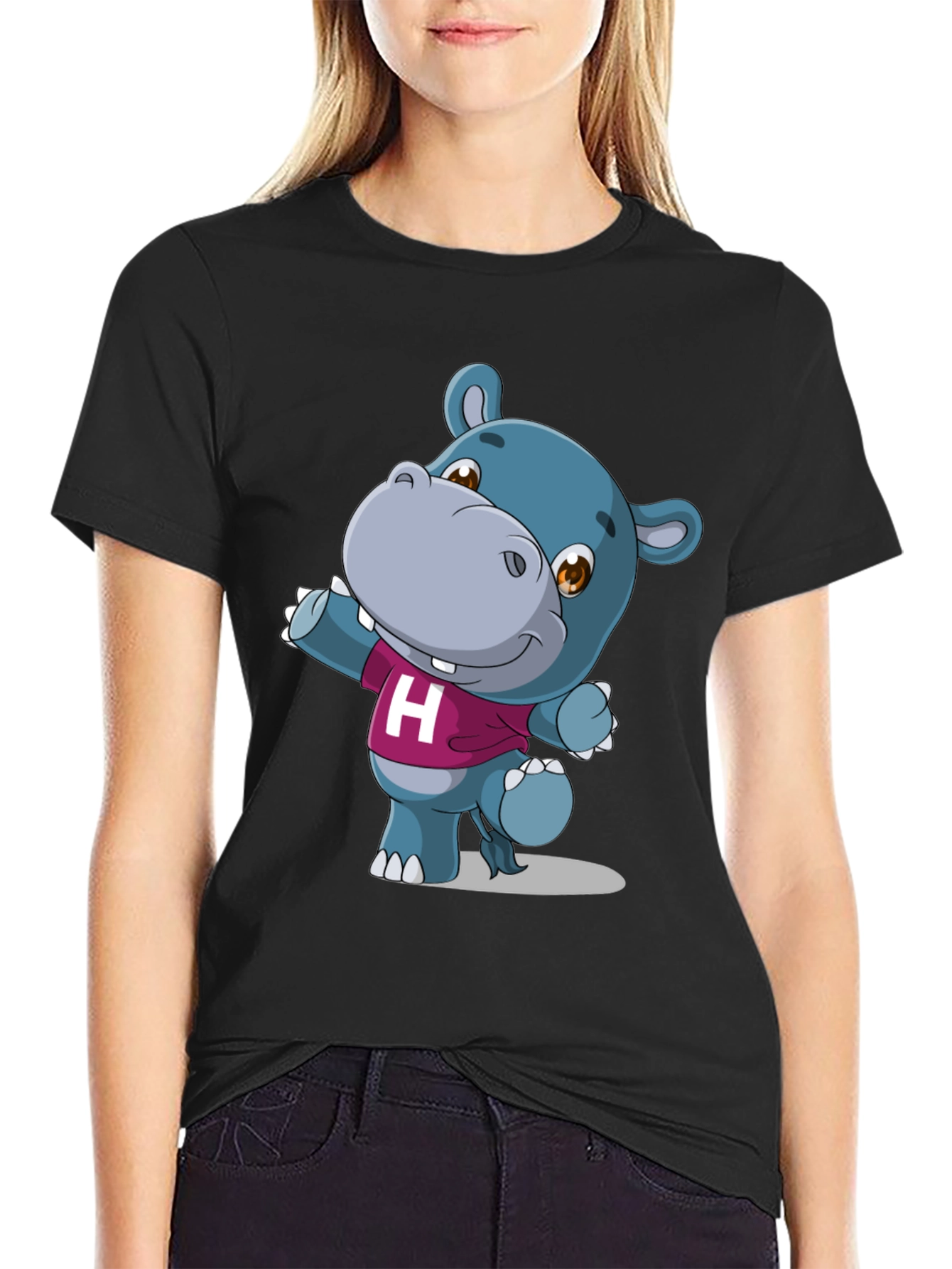 Black Cute Hippo Graphic Tee - Black Unisex Shirt view 2