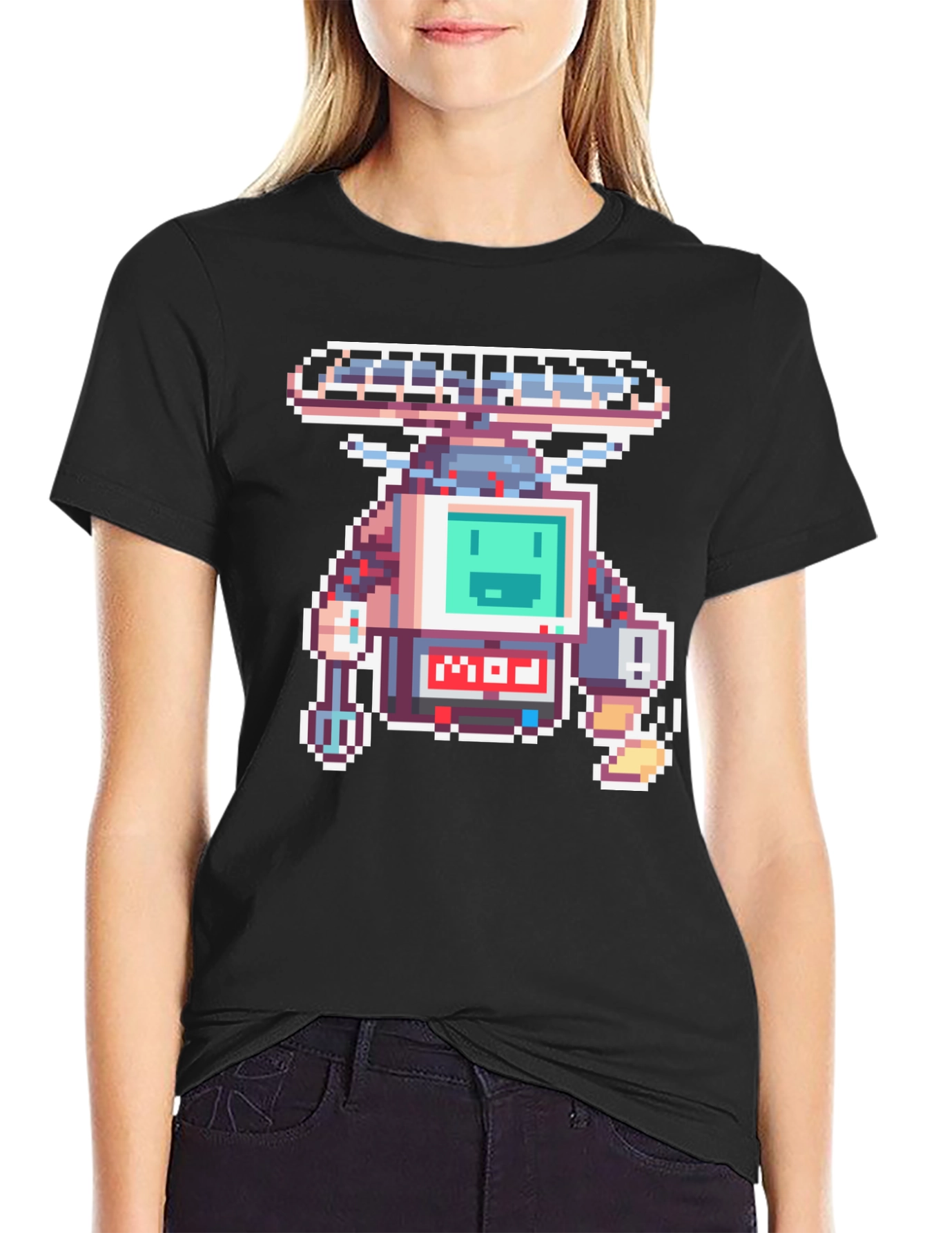 Black Retro Pixel Robot Graphic T-Shirt view 2