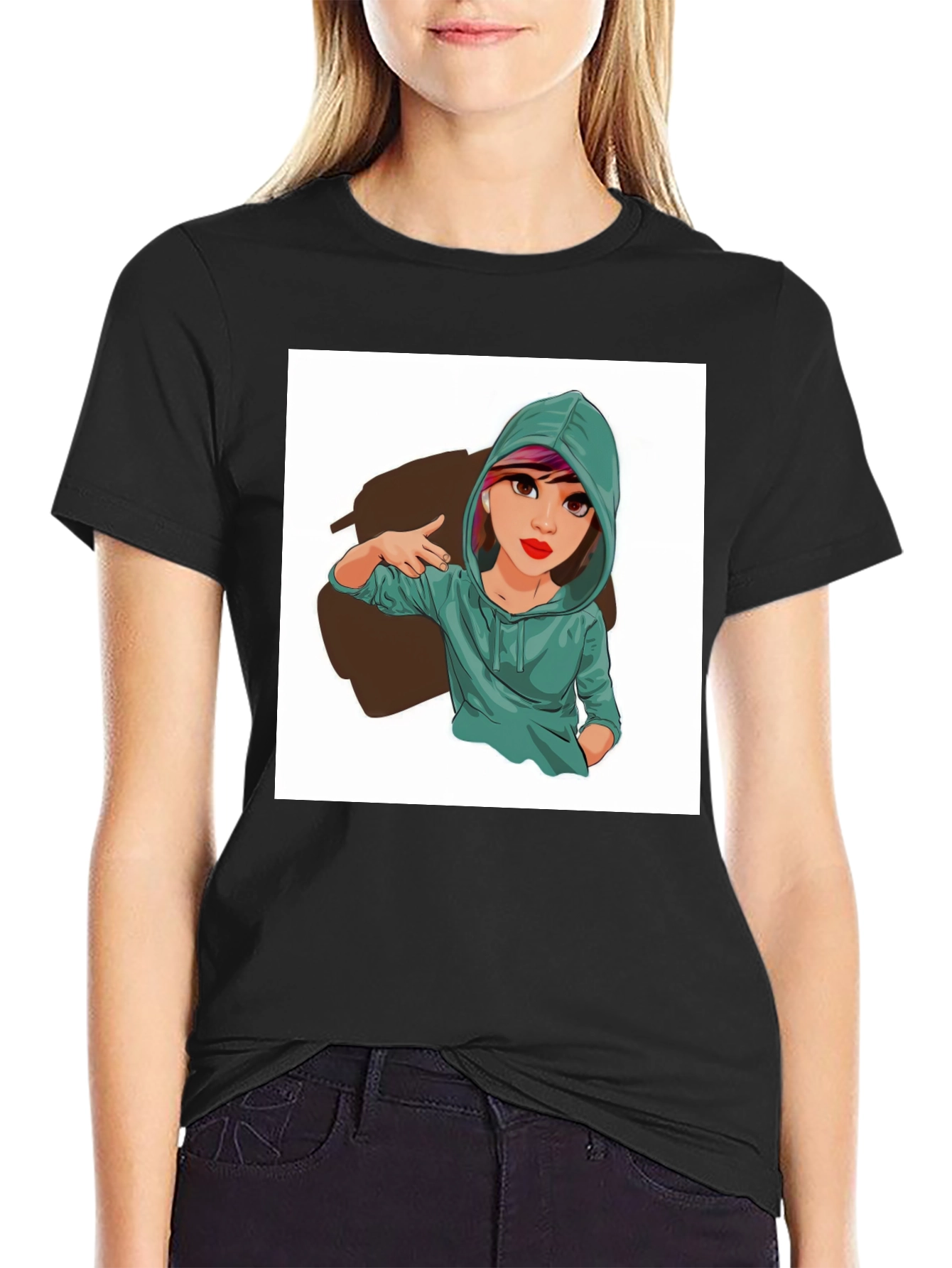 Black Cartoon Girl Graphic Print Tee - Trendy Casual Style view 2