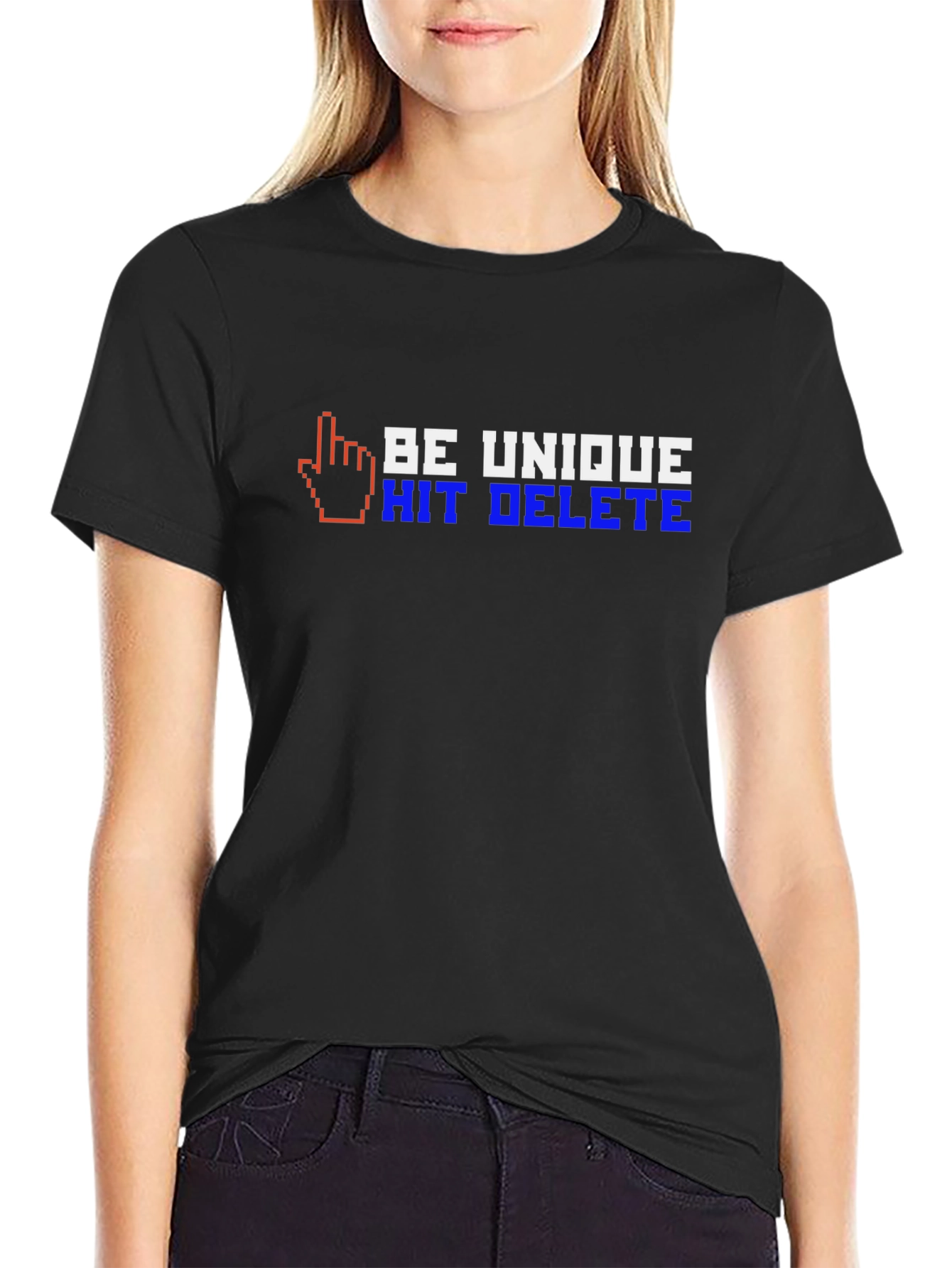 Black Be Unique T-Shirt - Hit Delete Funny Pixel Graphic Tee view 2