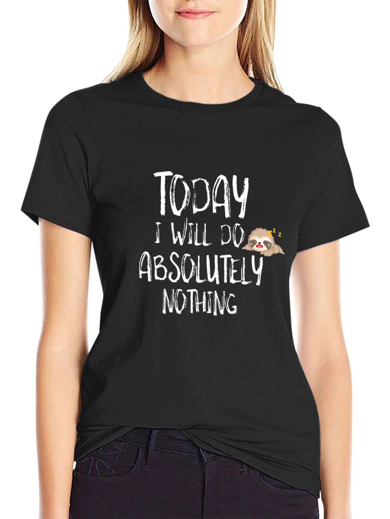 Black Funny Sloth 'Today I Will Do Nothing' Black T-Shirt view 2