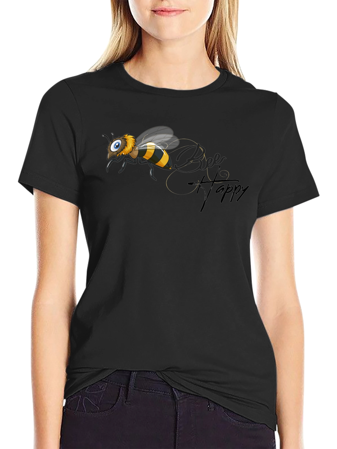 Black Bee Happy T-Shirt - Black Graphic Tee view 2
