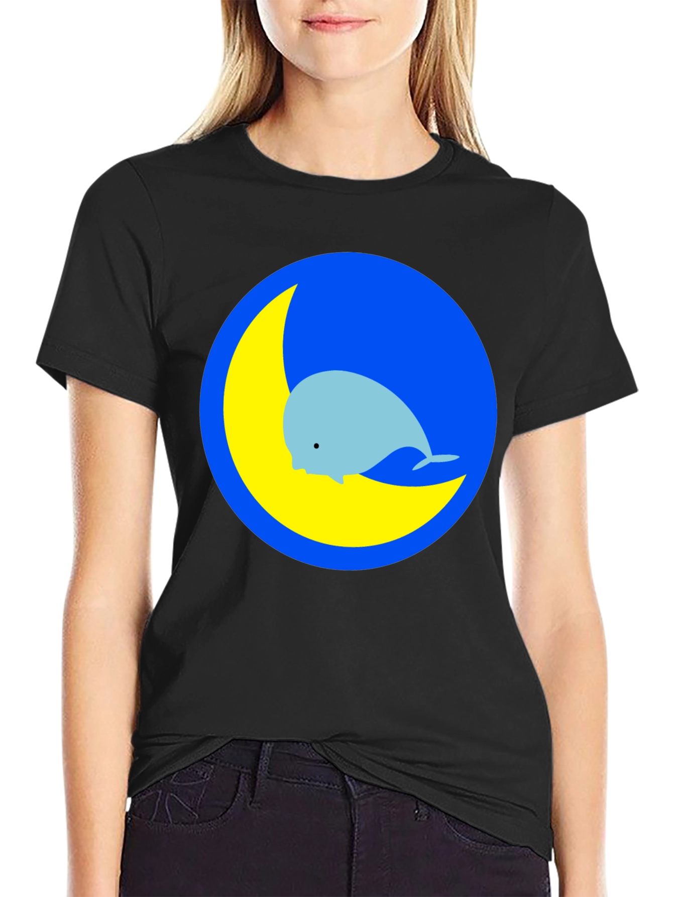Black Whimsical Whale & Moon Graphic Tee - Black Cotton Blend view 2