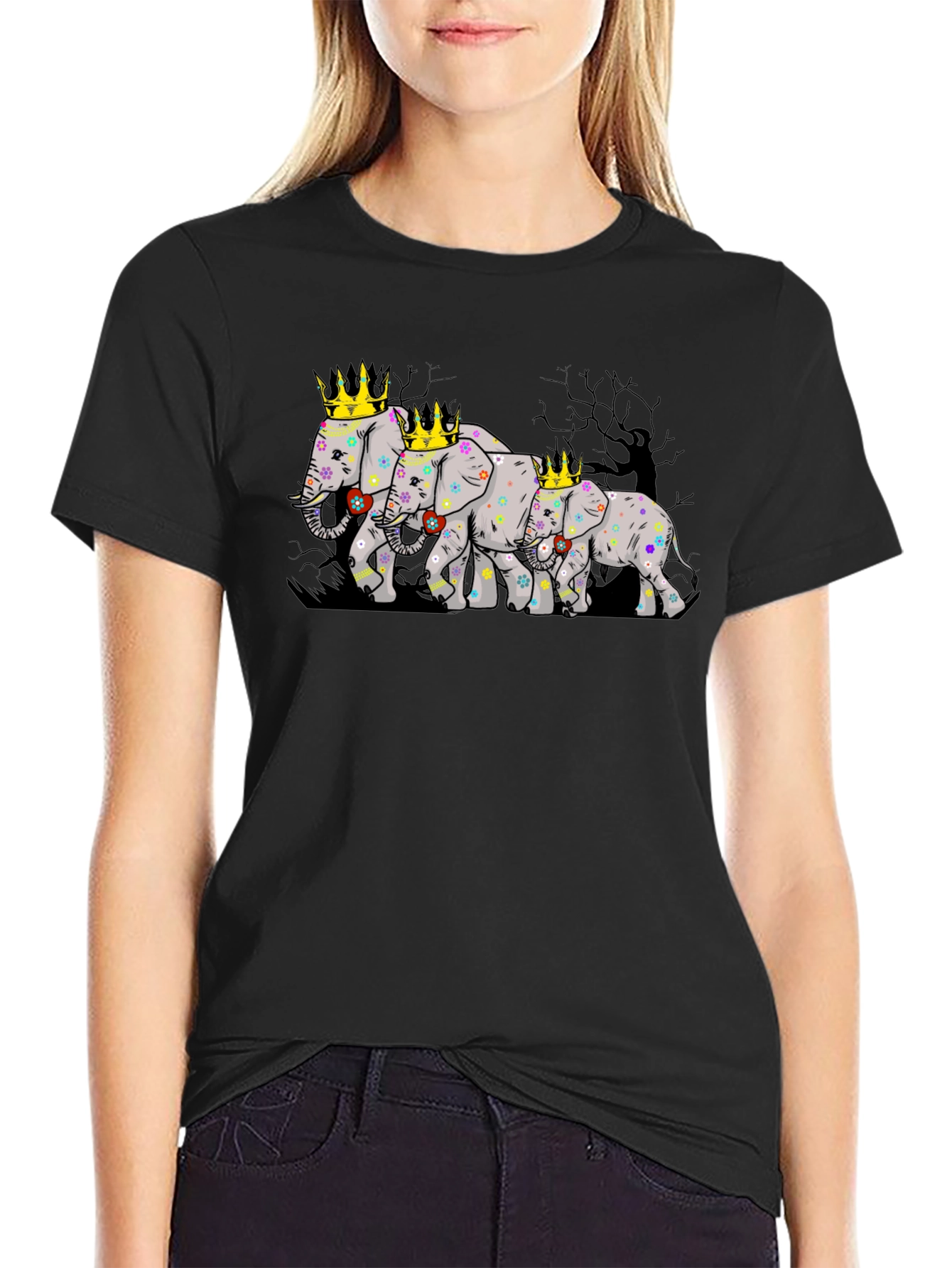Black Elephant Family Crowned T-Shirt view 2