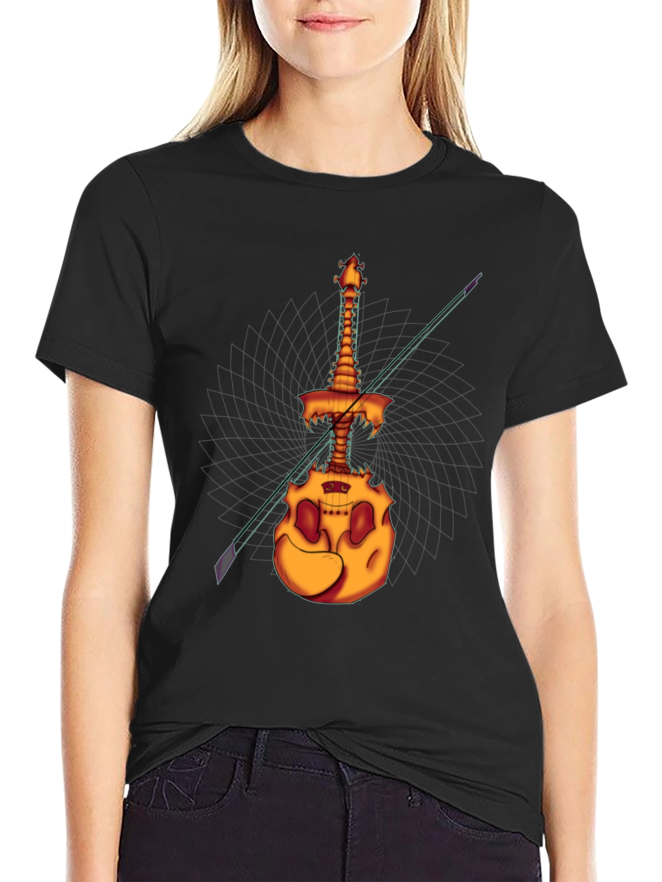 Black Spooky Skeleton Violin T-Shirt - Unique Halloween Design view 2