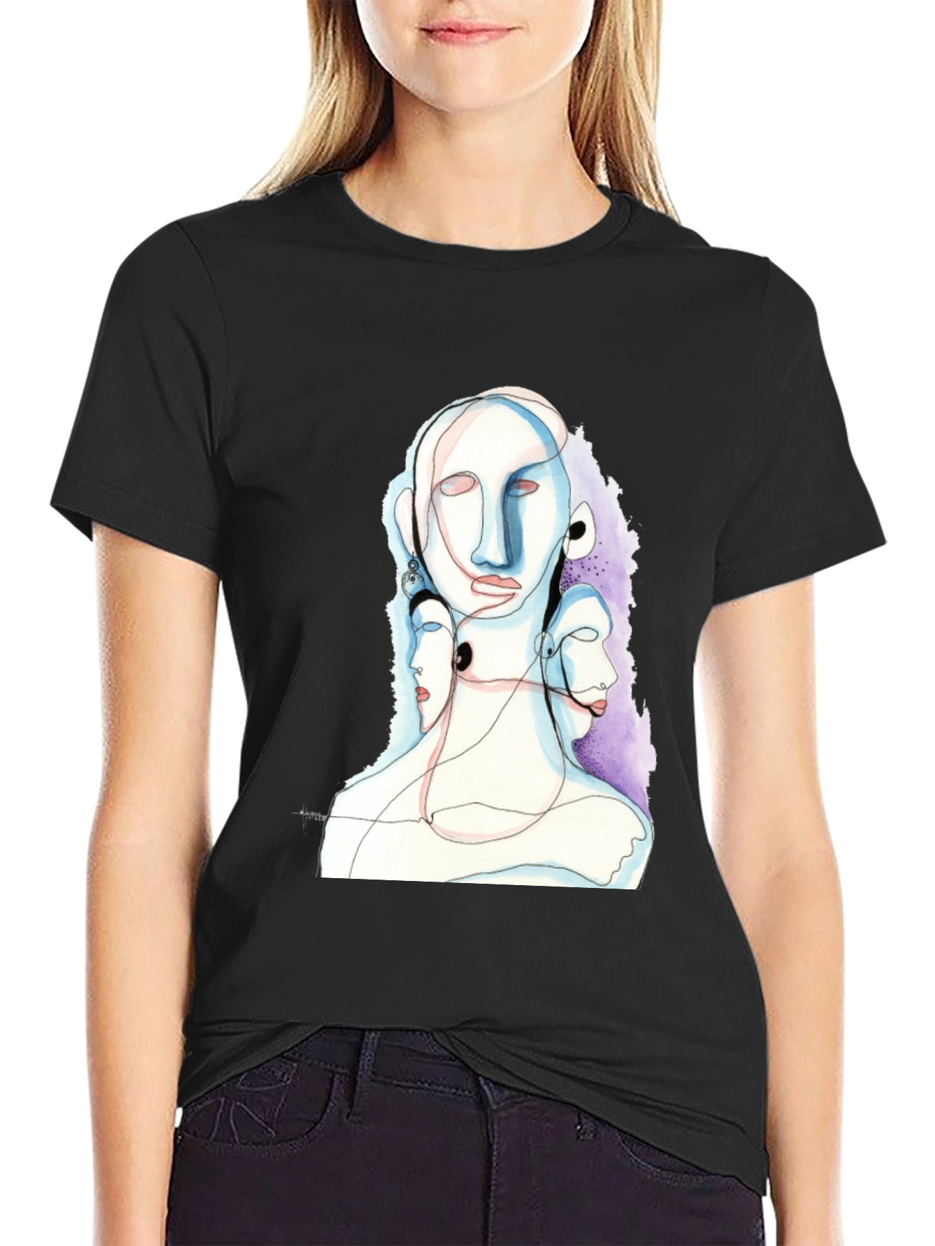 Black Abstract Faces Black Graphic Tee view 2