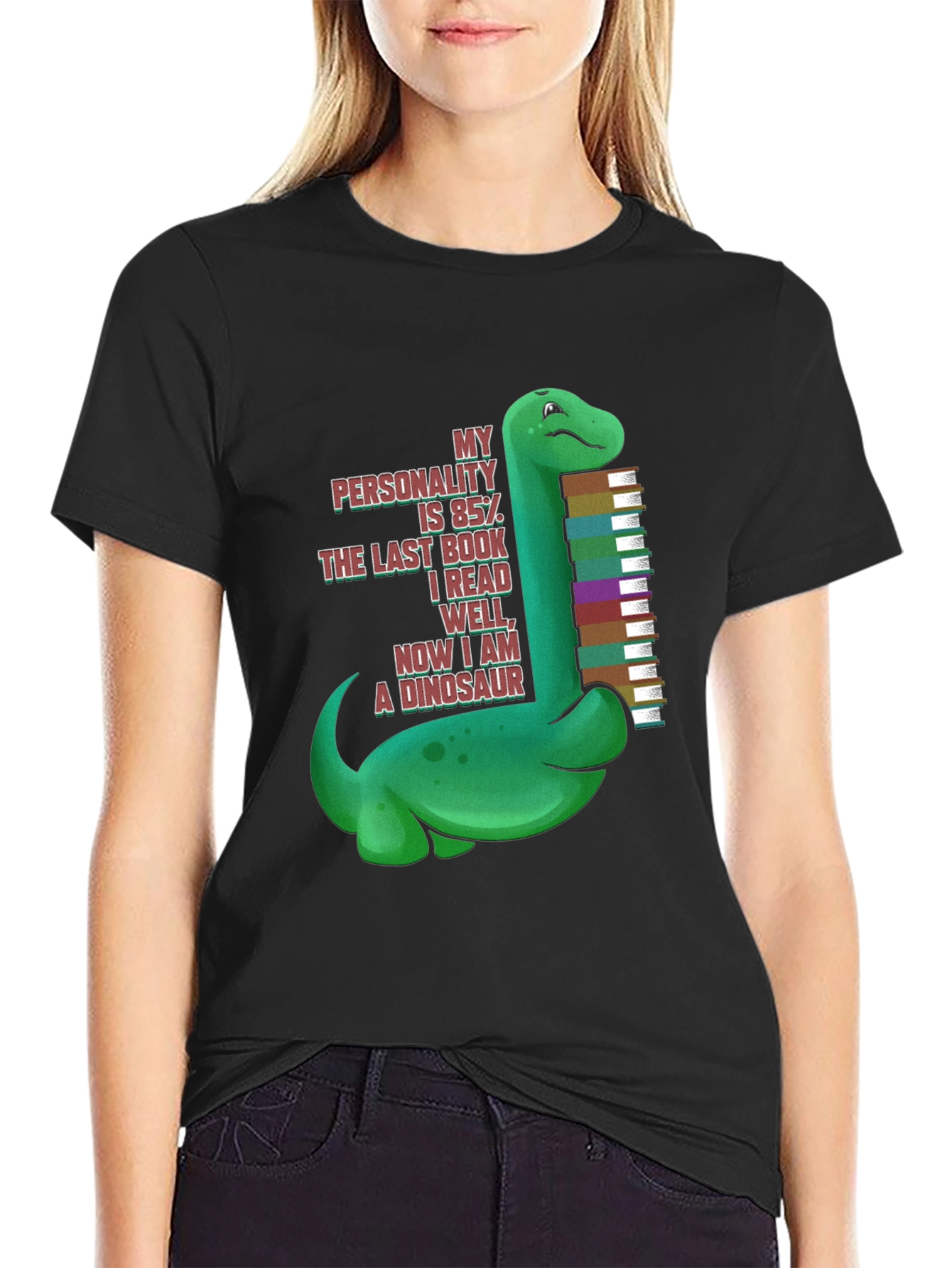 Black Dinosaur Book Lover T-Shirt - "My Personality is 85%" view 2