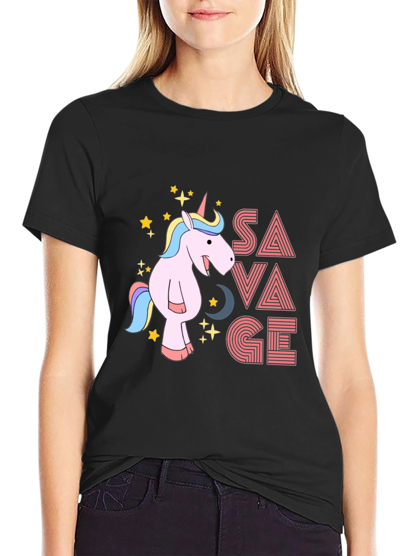 Black Savage Unicorn Graphic Tee - Black Cotton view 2