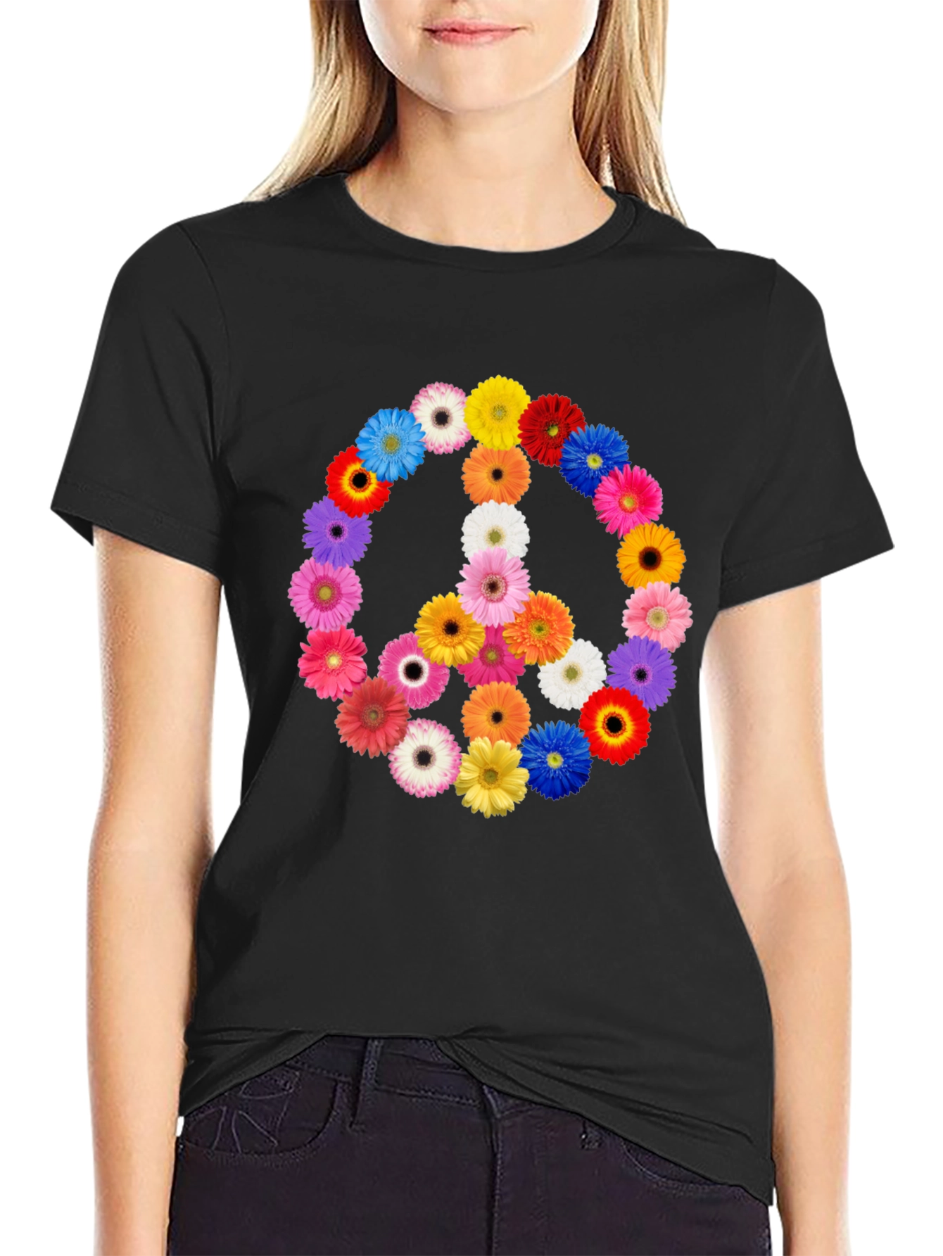 Black Floral Peace Sign Black T-Shirt view 2