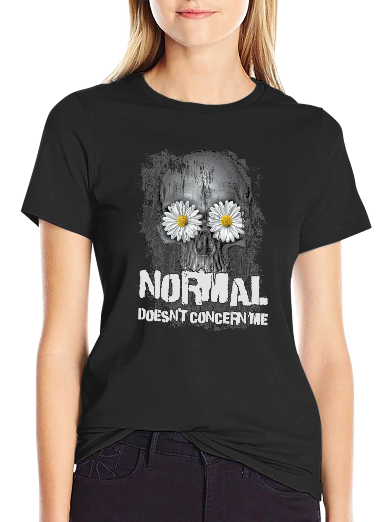 Black Skull & Daisies T-Shirt - Normal Doesn't Concern Me Graphic Tee view 2