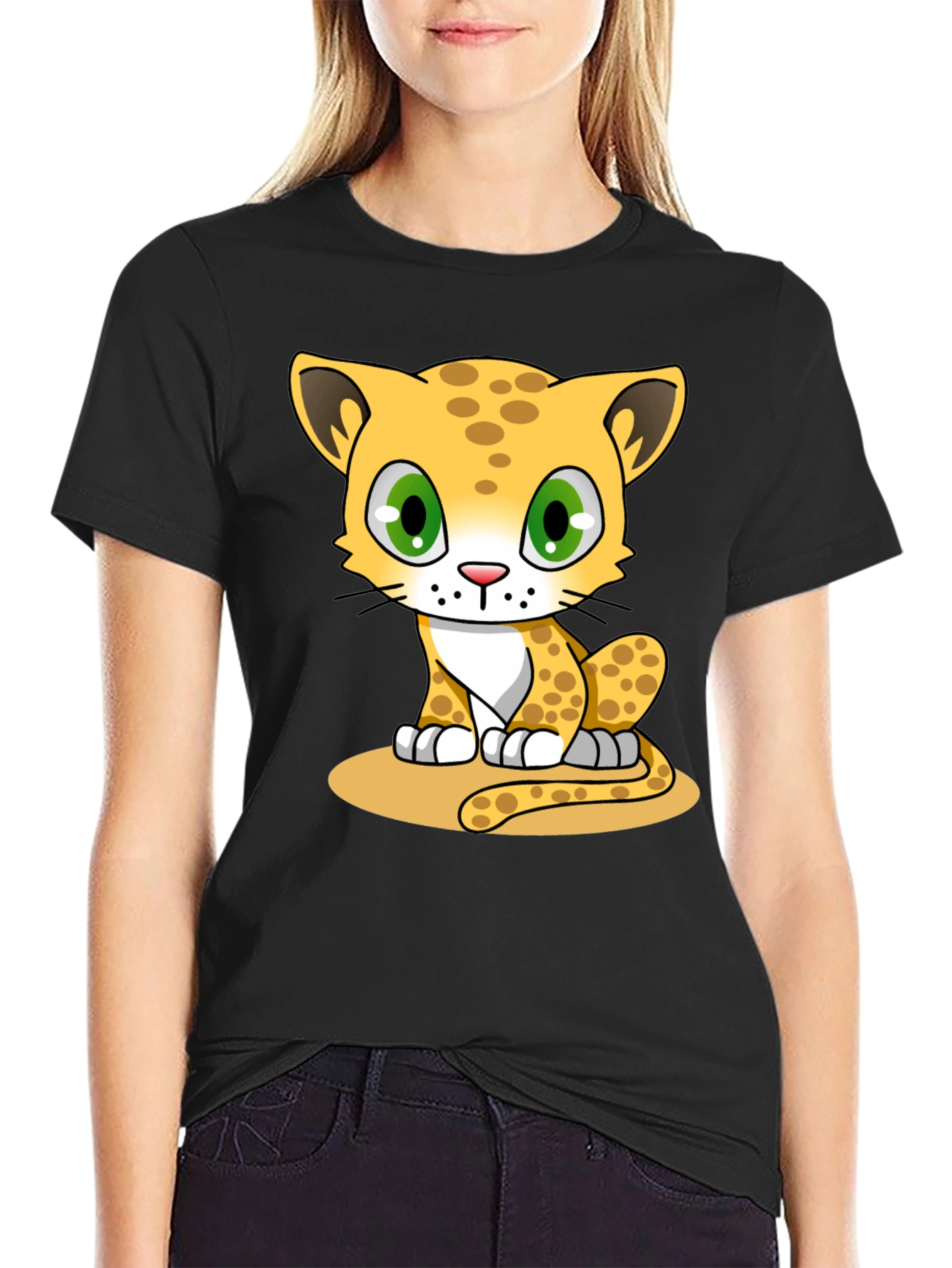 Black Cute Cartoon Leopard Print Black T-Shirt view 2