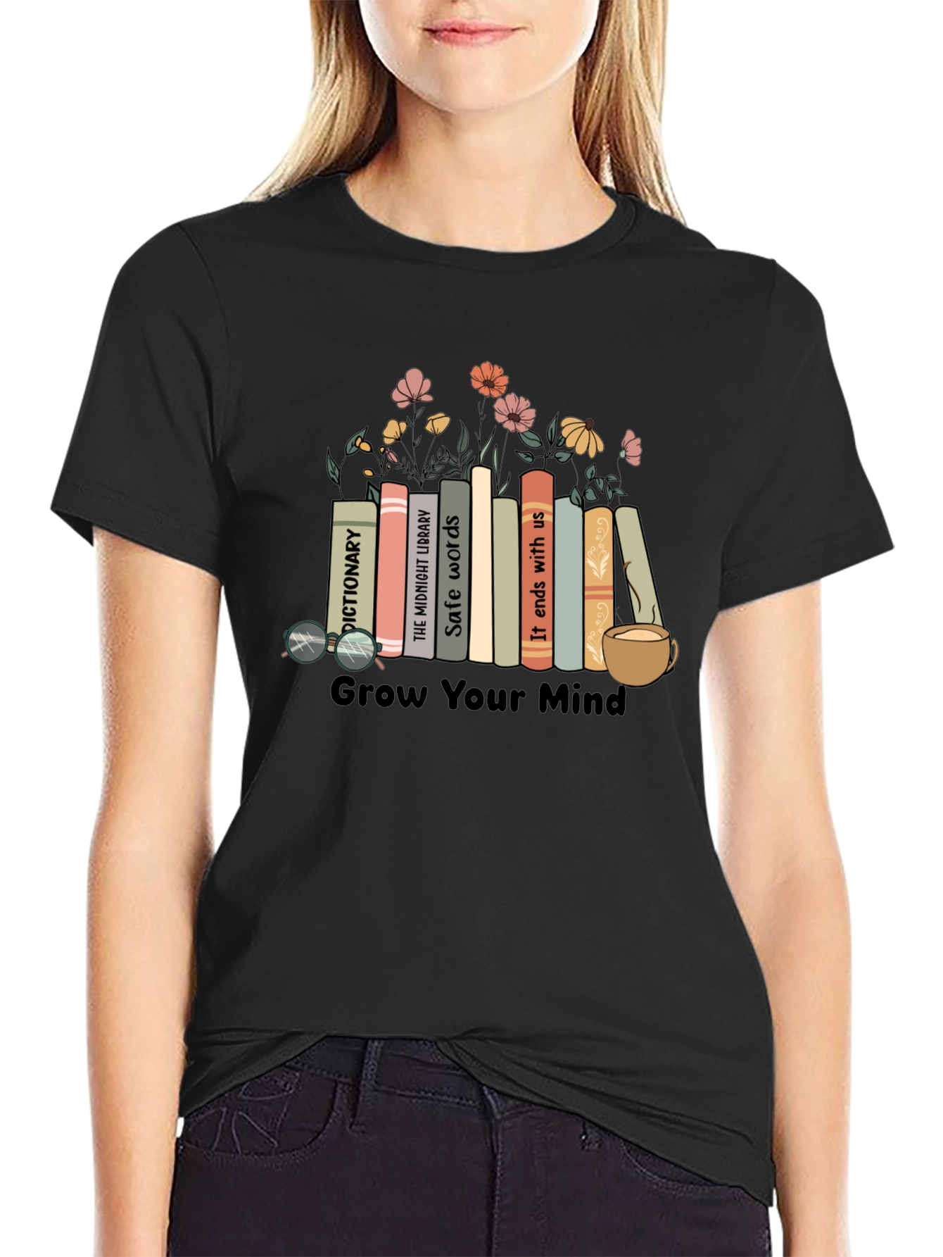 Black Grow Your Mind Bookshelf T-Shirt view 2